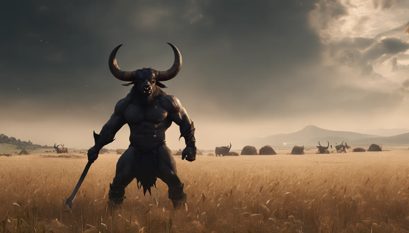 (Several)(Black minotaur:1.5),(They are monsters of minotaurs with tomahawks:1.8),sense of strength,Cow with an axe standing in a wheat field,Painful expression,(The minotaur raised its head and roared into the sky:2),funk,shudder,Medieval landscape,Fantastical,4K,best qualtiy,primitive,((Ultra-detailed and high-precision details)),Power Hero & Magic 3,Fantastical,In the background are plain wheat fields,The scene is impressive,(Struggling in pain:1.8),break one's heart,Pained and uncomfortable expressions,Clear picture
