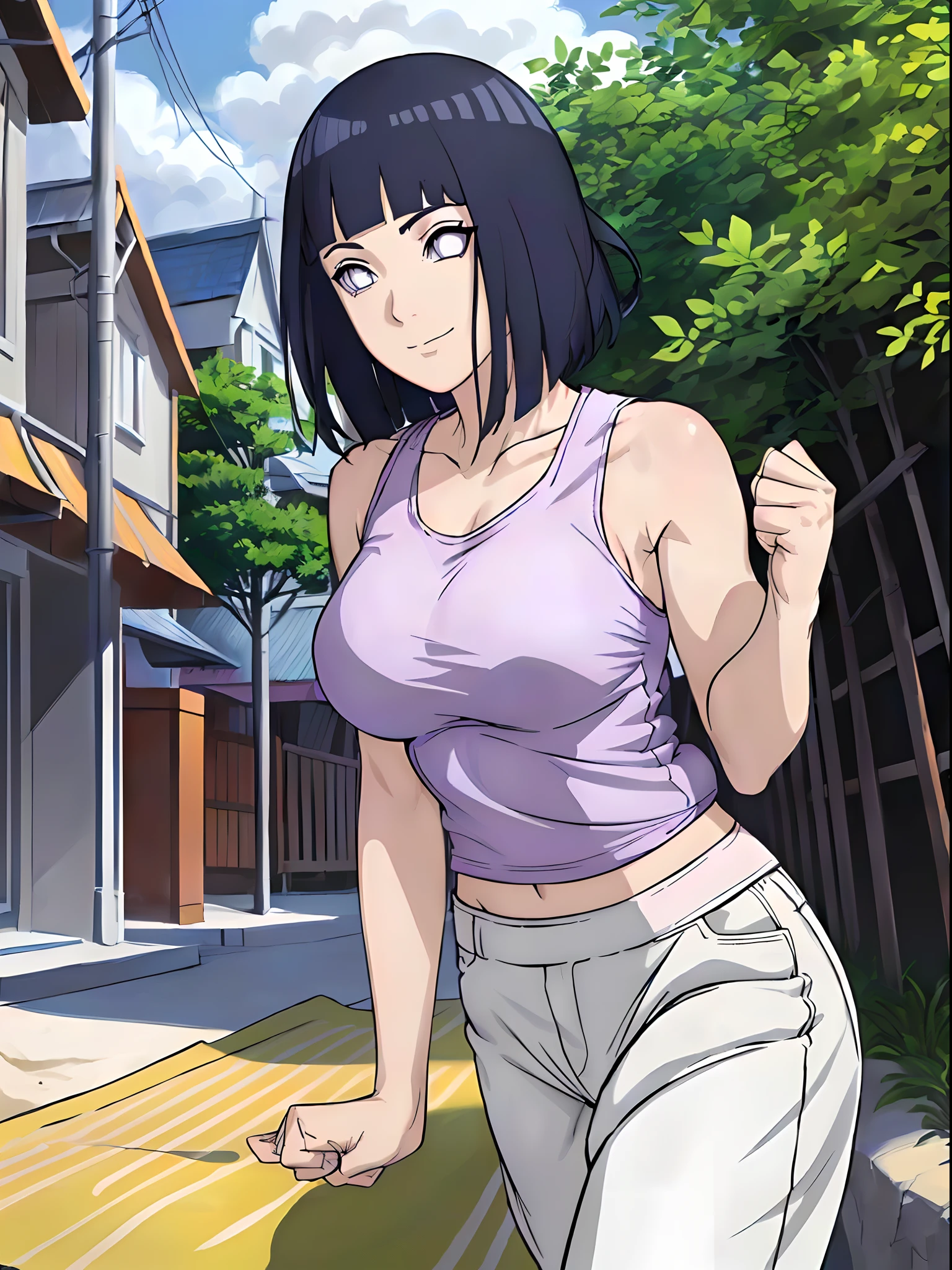 (WALLPAPER,  (hinata\(boruto\), (white pants), masterpiece, 4k, vector coloring, whole body shot, (high color saturation), contrast lighting, mature female, (curvy:0.8), solo, anime style, sharp focus, professional artwork, intricate details, colorful, vibrant colors, vivid colors, digital blending, ultra detailed body, ultra detail hair, ultra detail face, trending on pixiv, very hot colors, (((beach background, outdoors))), detailed bold arm lines, high color saturation, bold lines, bold drawing lines),
(((running)), (head tilt), closed mouth, kind smile, extremely happy),
((dark blue hair color:1.1), wavy hair, ((short hair, hime cut)),
(perfect eyes, white sciera, bright eyes, white eyes, anime eyes, smoky eyeliner, eyeshadow)
(white skin, (fair skin), slender body, milf, perfect face),
(legs, big breasts, off-shoulders, (detailed shoulders, biceps lines)), 
(bare shoulders, bare legs, (closed fists), 
(((white tank top))))