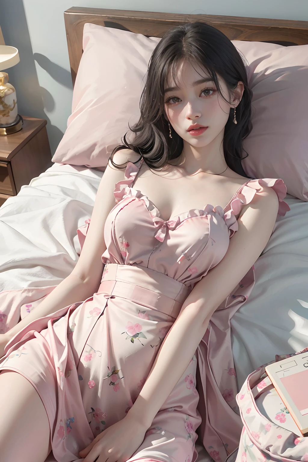 Nikon RAW photo, 8 k, Fujifilm XT3, masterpiece, pink quality, realistic, photorealistic, (lying in bed), (sheets), (lying on pillow), (giggle: 1.1), best quality, (detailed facial features), (eyelashes: 1.1), (depth of field: 1.1), (chromatic aberration: 1.1), (caustics: 1.1), goddess