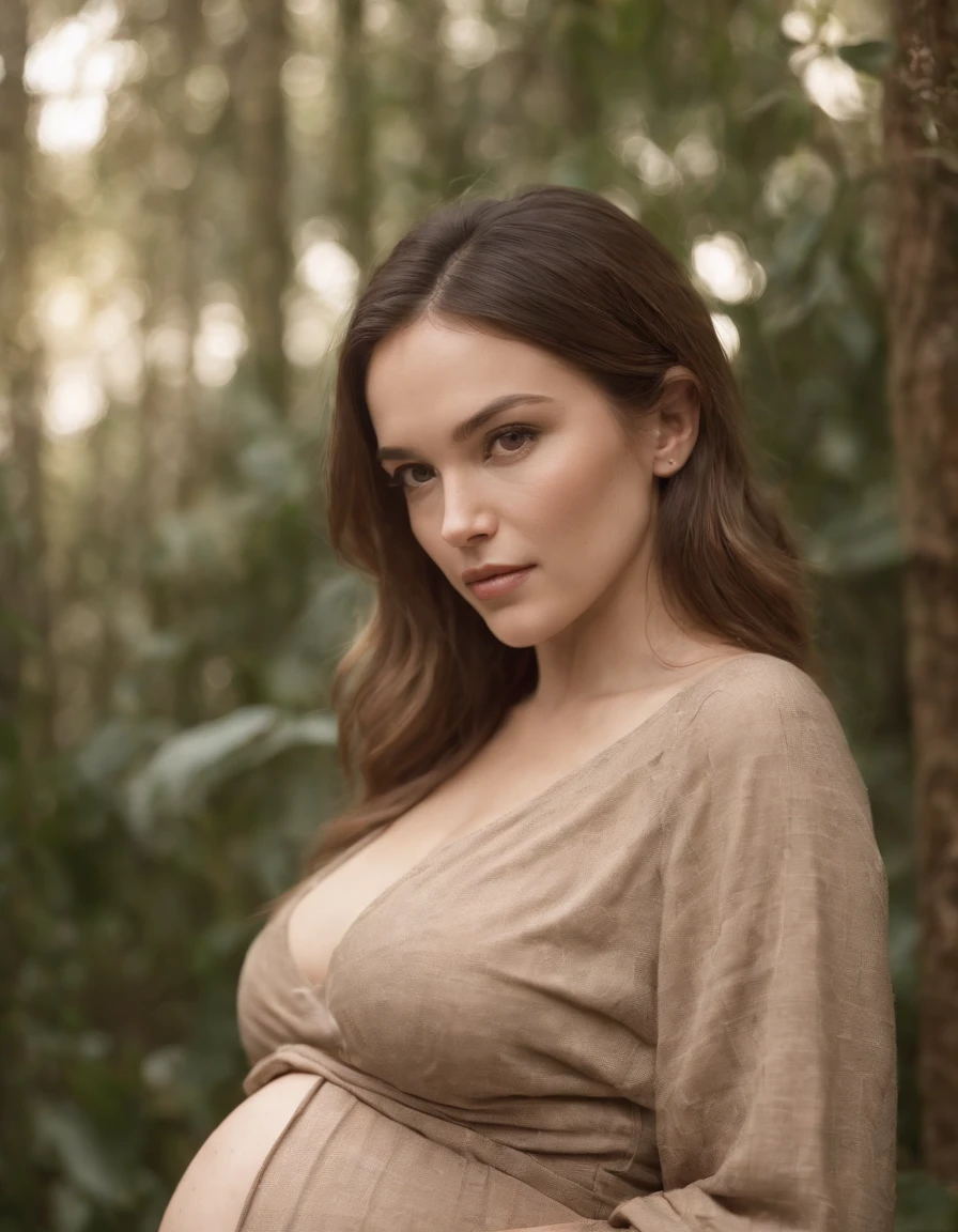 pregnant woman in cJungle, in the style of dark beige and beige, grid-based, highly textured, soft, photo taken with provia, Medium Long Shot, high quality photo