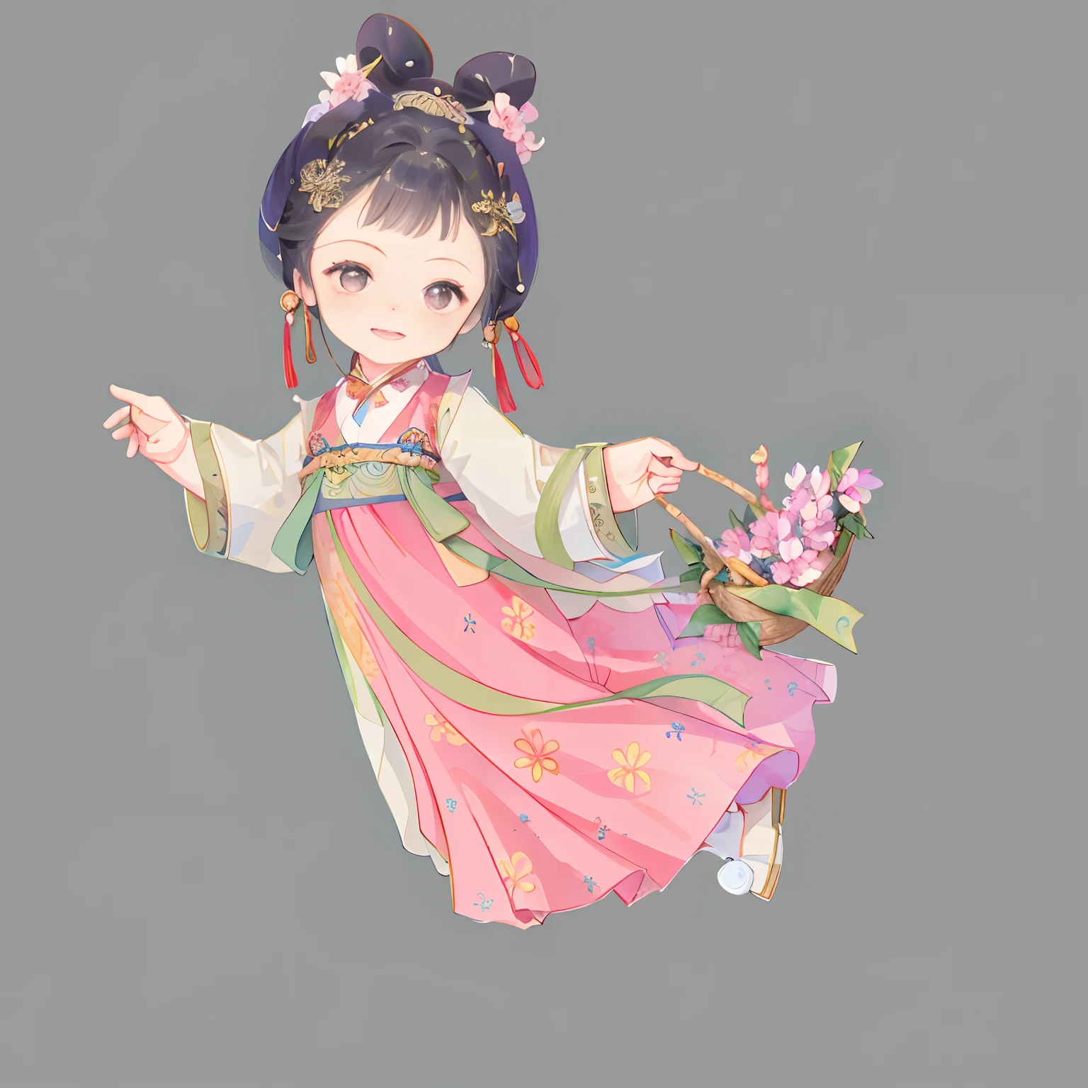 best qualityer,highly detailed,tmasterpiece,ultra - detailed,独奏,one-girl,Q version style,full bodyesbian,,Chang'e rushes to the moon,Chang'e,Flying,Dunhuang Flying Sky,Chinese costumes,Hanfu,Traditional Chinese hair bun,(Elaborate Eyes),(full bodyesbian),(1girll),(Black eyes),brunette color hair ,long whitr hair ,Holding the rabbit,White rabbit,There was a woman flying in the sky, an ancient Chinese goddess, Princesa chinesa antiga, China Princess, Inspired by Lan Ying, Palace , A girl in Hanfu, ancient chinese beauti, ancient asian dynasty princess, chinese empress, inspired by Shang Xi, Wearing ancient Chinese clothes, Anime girl wearing pink dress,Holding a basket of flowers, Palace , A girl in Hanfu, Guviz, Guviz-style artwork, Princesa chinesa antiga, high quality character design, Wearing ancient Chinese clothes, China Princess, with acient chinese clothes, cute character, ancient asian dynasty princess, trending on cgstation, author:Qu Leilei
