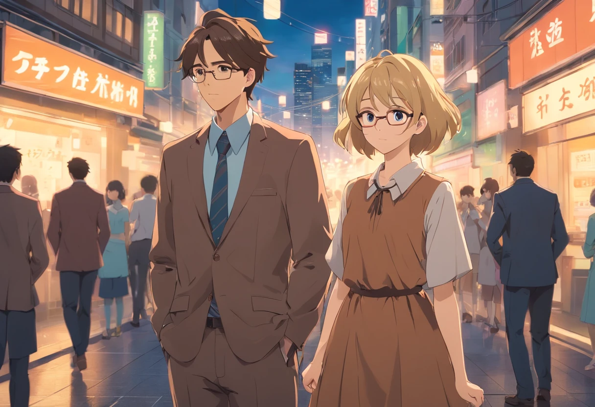 25-year-old man and woman staring in amazement, standing still, Just the two of them. Woman in brown shabby dress with blonde hair glasses, Dark-haired man without glasses in suit, In the middle of the city.