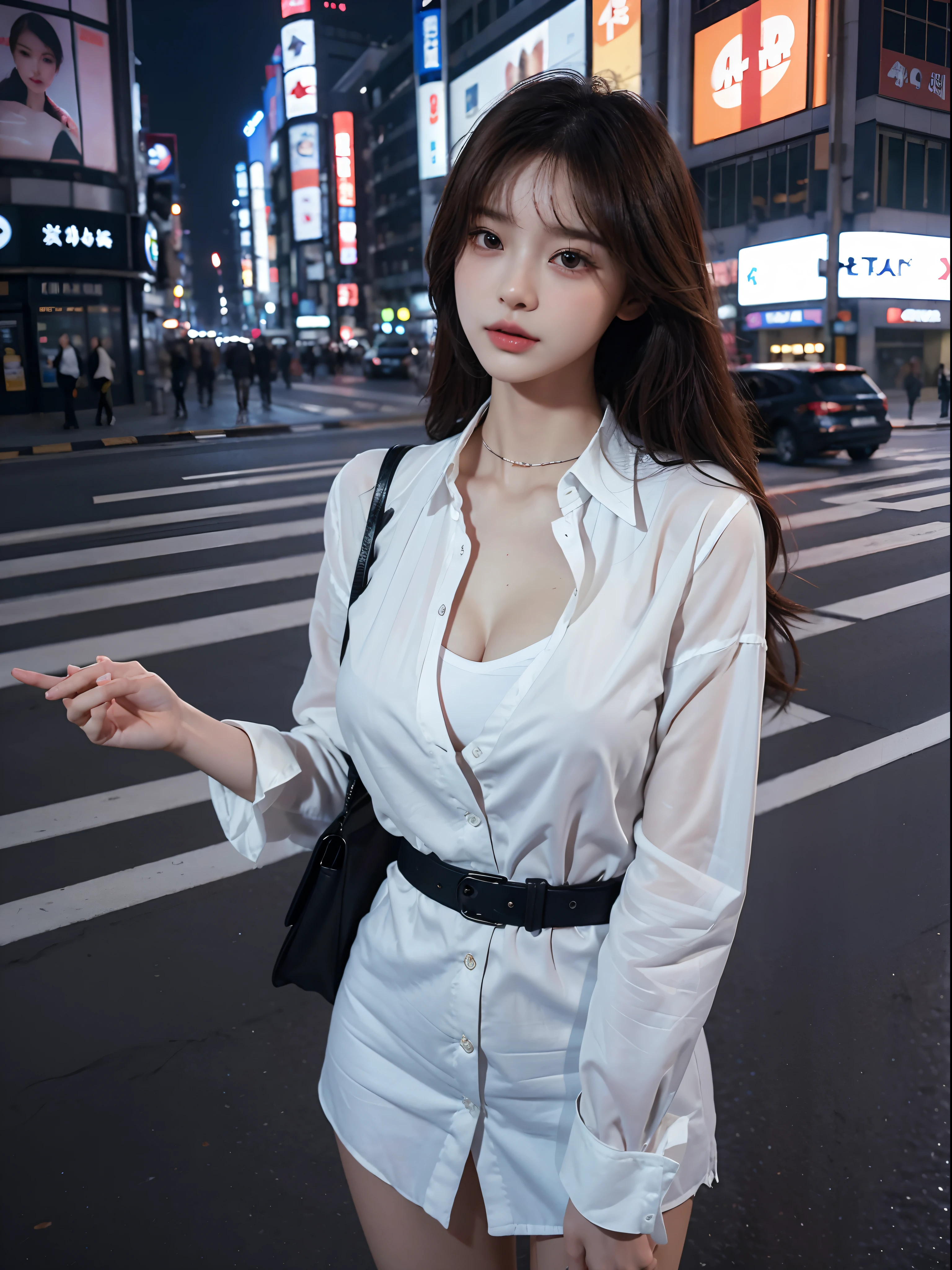 Best Quality Detail:1.2, realisitic, 8K UHD, Hight Resolution, 1girll:1.2, The ultra-detailliert, High quality textures, delicate detail, The Details, super detailed CG, High quality shadow, Detail : beautiful delicate face, Detail : beautiful delicate eyes, depth of fields, Ray traching, 20's, Pretty Kpop girl, Korean Urzan face:1.1, Slim Faces, ulzzang -6500-v1.1:0.6, pureerosface_v1, Glow Eyes, teak, Glossy Lips, PerfectBody, chokers、cleavage of the breast、 Brown hair、ponytale:1.1, Street, Particle, looking up at viewer, Photorealcitic:1.4, extremely highly detailed, photograph realistic, 4K 8K UHD Full Color RAW Photos, Fujifilm(Medium format:1.2), Hasselblad:1.2, Carl Zeiss:1.1, Stunning dynamic range photos(useful_artwork: Smooth-768:1.1), Hight Resolution, High pixel count, clear details, crisp image, Natural color reproduction, Noise Reduction, High fidelity, , Software Enhancements, Upscaling, Optimized algorithm, Professional-grade retouching、((Shibuya, Tokyo))、On the way to shop、((Stylish clothes with a very high design))、Shirt dress: Oversized shirt dress、Simple and fashionable style