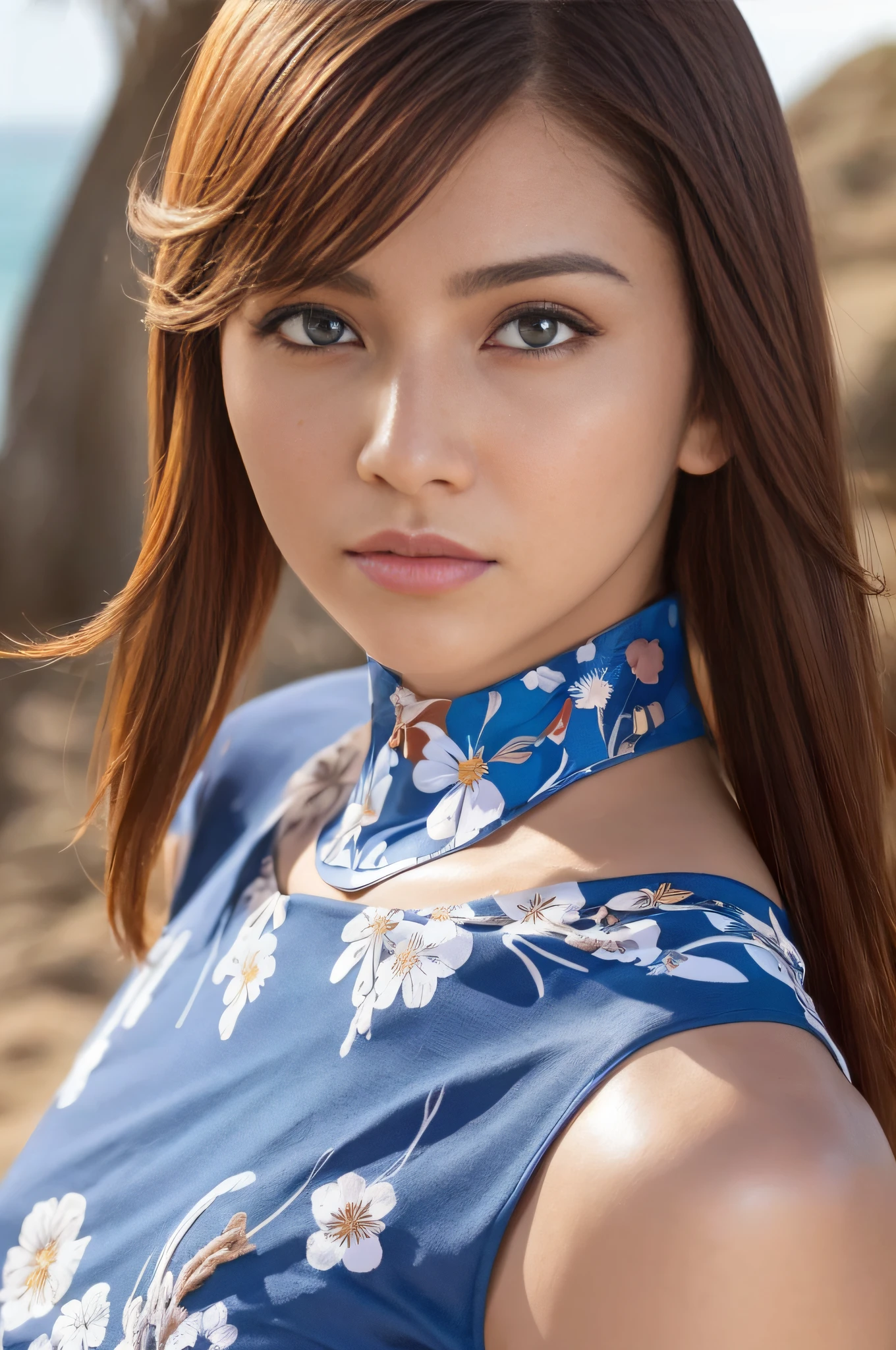 1womanl, Amazingly beautiful, Strong abs, red tinted hair，bob hair，extremely short hair，Super detailed face, Detailed lips, A detailed eye, 二重まぶた，Best quality，tmasterpiece，eBlue eyes，shiny skins，sunflare，an award winning photograph,Healthy body, with dynamism, Photorealistic, photorealiscic face, Dramatic, Dark, Sharp focus, 8K，20yr old，fully body photo（top-quality，8K，tmasterpiece：1.3），Sharp focus：1.2，Beautiful Women in Perfect Figure：1.4，Plump body type，The abdomen is slender：1.2，（Layered Hair Style：1.2），Bigchest：1.3，Klein blue and white camouflage slip top，Klein blue and white camouflage yoga tong，（distance：1.5），Moist body：1.1，Very delicate face and skin texture，Detailed eyes，Raised sexy，Real skin，Real eyebrows，Wide angle photo on the beach，Vista waves、coconut palms，evening light，Model catwalk pose，Gaze towards the viewer。There are flowers on the body，There are flowers on the hair。