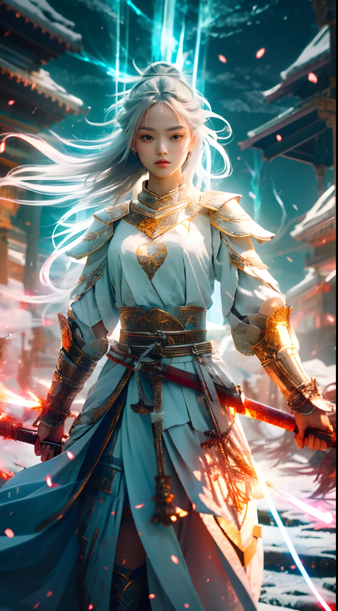 On the battlefield of winter, An oriental beauty，Wearing tattered armor，wielding a weapon in his hand.(( Lightning danced beside her)), Echoing the strength of her determination，Because she embodies the power of the forces of nature in battle.offcial art, 8k wallpaper, Ultra detailed, Beautiful and aesthetic, Beautiful, Masterpiece, Best quality，(Focus on thighs up)，Real human face，Clear face，Eyes detailed，(Wind，Fluttering strands of hair，Flowing skirt)，