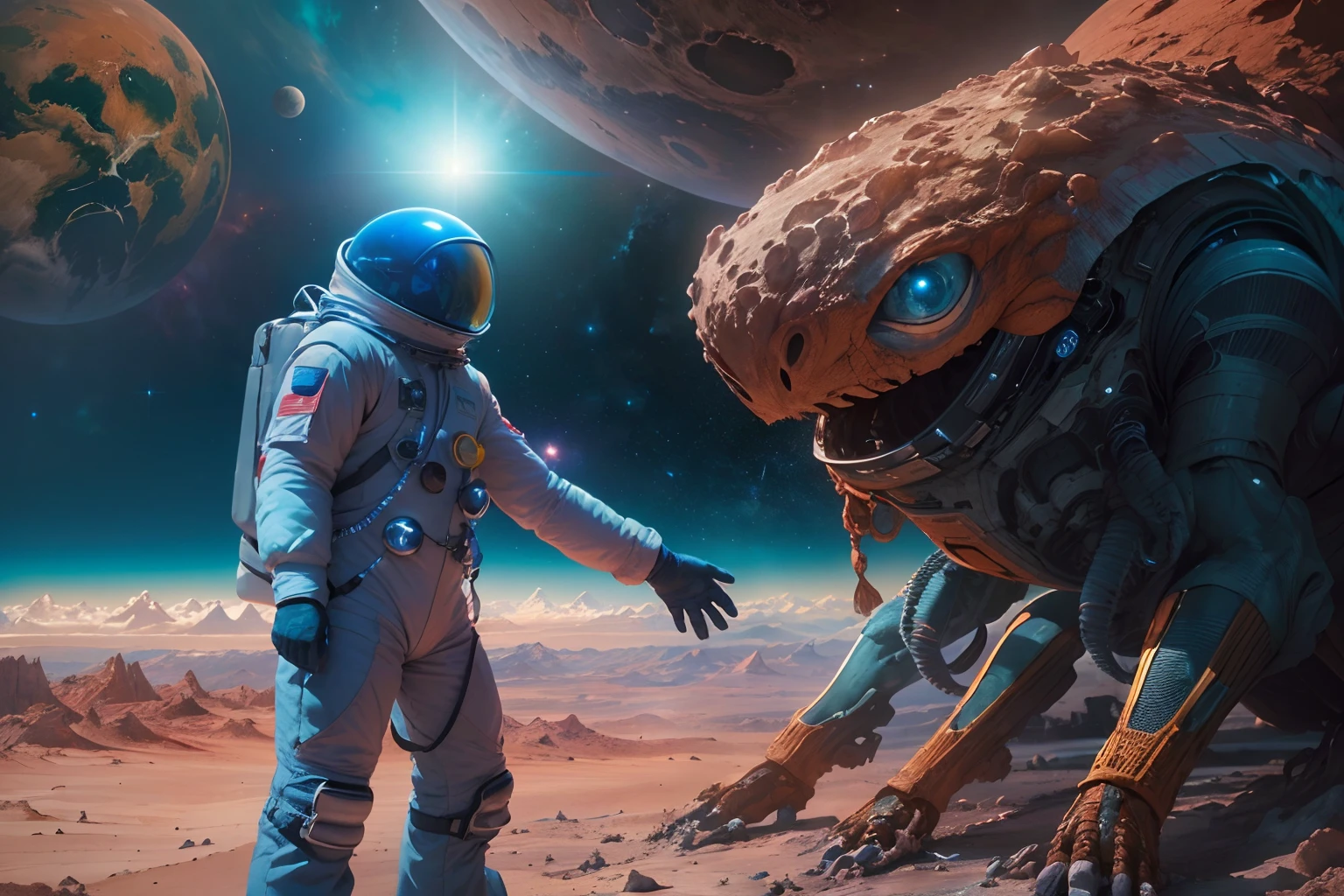 (A human man in a spacesuit shakes hands with a blue alien creature:1.2),（In the background is a mysterious red glowing planet）,Breathtaking and magnificent space image scenes.,The scene is highly-detailed,Clarity is extraordinary,Every intricate detail of the panorama is captured,((tmasterpiece)),((best qualtiy)),8K,high detal,((Masterpiece)), (Best quality))，