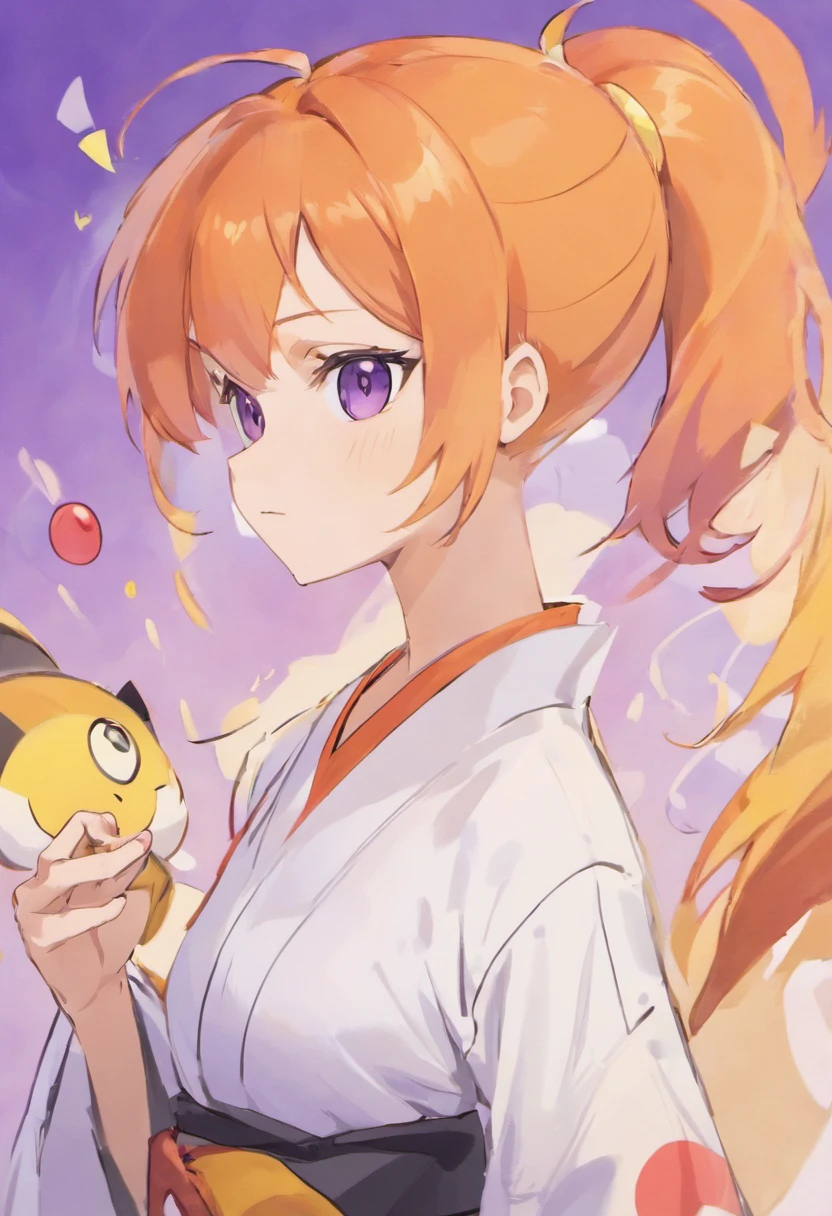 (1girl, female, Misty, short orange hair, side ponytail, orange eyes, wear yukata) | (1girl, Jessie from Team Rocket, long hair slicked back, purple hair, purple eyes, wearing yukata), medium shot, stunning, Misty with orange hair colour, Jessie with purple hair colour, facing front, look at the viewer, 2 women, charisma, elegant, Upper body portrait, eye level angle, anime, (beautiful detailed eyes), (gorgeous woman face), (saturated colors:1.2), award-winning, masterpiece, fan-art, desk in front of them, purple hair long hair let loose, orange hair short hair with side ponytail, purple hair with purple eyes, orange hair with orange eyes, pokemon style, Ken Sugimori, pokemon art style, meeting room background, team rocket