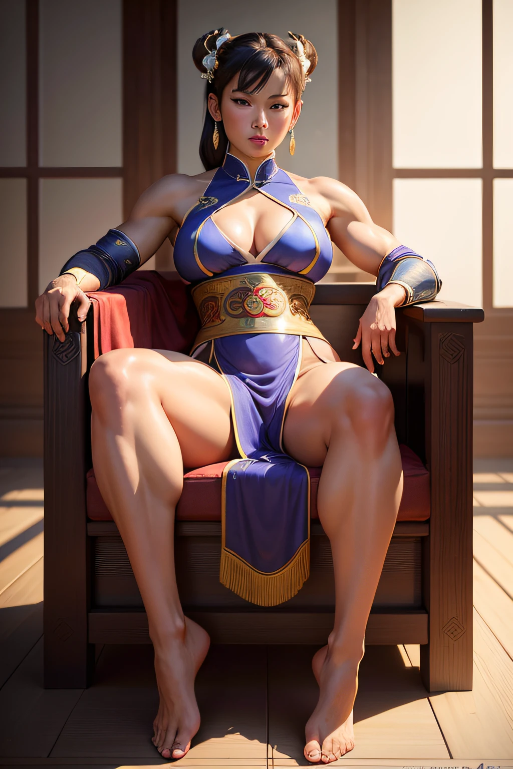 Masterpiece,best quality,4k,photography, realistic, Hot muscular female, chun li, full body character, muscle calves, naked feet, concubine in the Han dynasty sitting with legs spread apart, wearing ancient chinese dress, muscular feature,very sexy