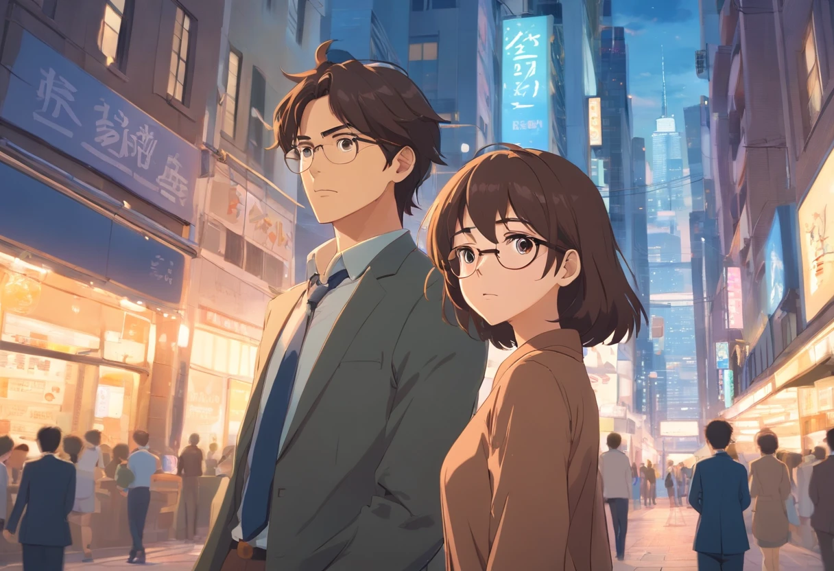 25-year-old man and woman staring in amazement, standing still, Just the two of them. Woman in brown shabby dress with long blonde hair glasses, Bare-faced black-haired man in suit, In the middle of the city.