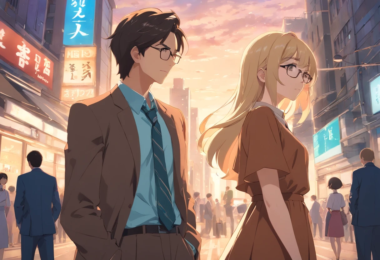 25-year-old man and woman staring in amazement, standing still, Just the two of them. Woman in brown shabby dress with long blonde hair glasses, Bare-faced black-haired man in suit, In the middle of the city.