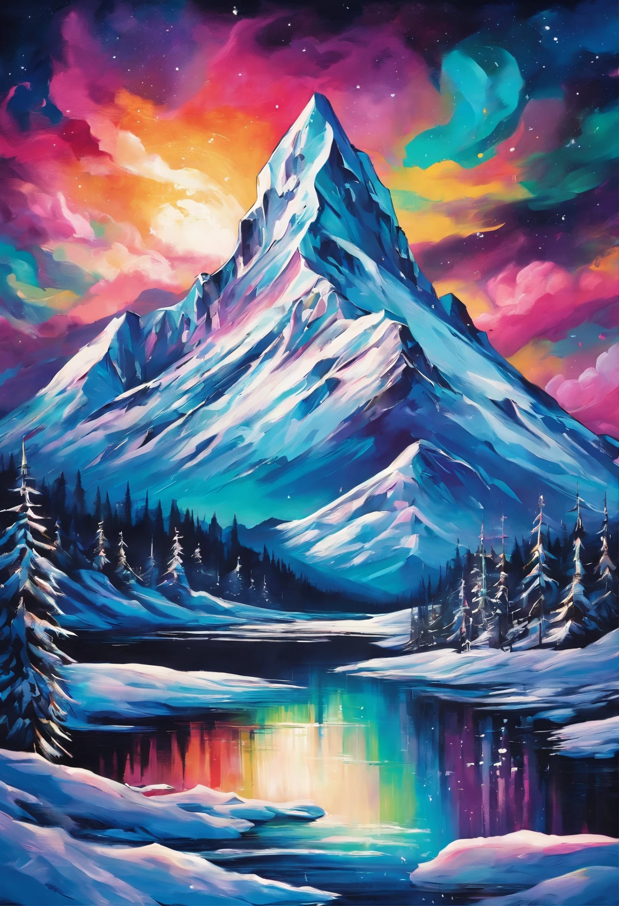 A painting of a beautiful snow mountain at night, with aurora visible in the sky. The scene is magical and breathtaking, with a dark and cold color scheme. The snow mountain is towering and majestic, reflecting the moonlight and the stars. The aurora is colorful and dazzling, creating a contrast and a harmony with the mountain. The painting shows the wonder and beauty of nature.