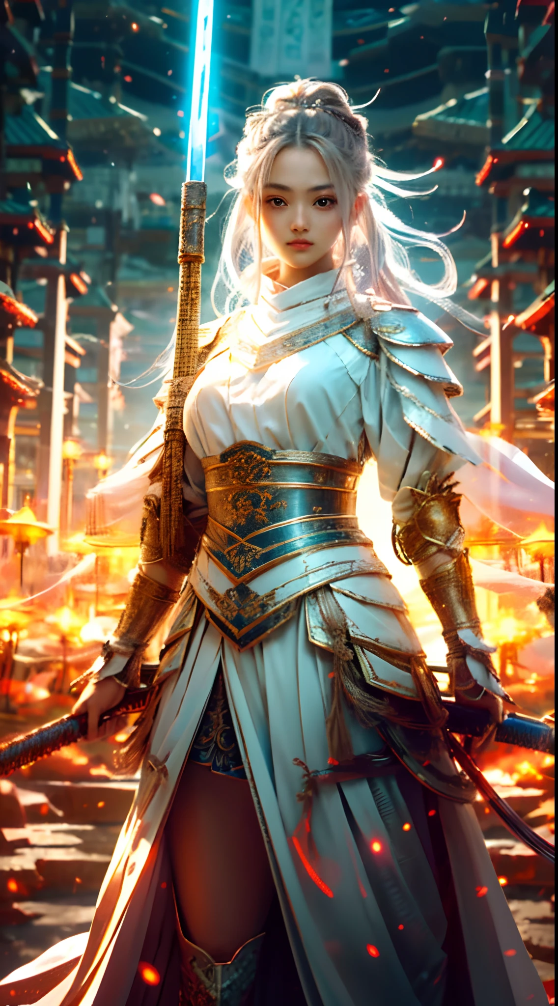 On the battlefield of winter, An oriental beauty,Wearing tattered armor,wielding a weapon in his hand.(( Lightning danced beside her)), Echoing the strength of her determination,Because she embodies the power of the forces of nature in battle.offcial art, 8k wallpaper, Ultra detailed, Beautiful and aesthetic, Beautiful, Masterpiece, Best quality,(Focus on thighs up),Real human face,Clear face,Eyes detailed,(Wind,Fluttering strands of hair,Flowing skirt),