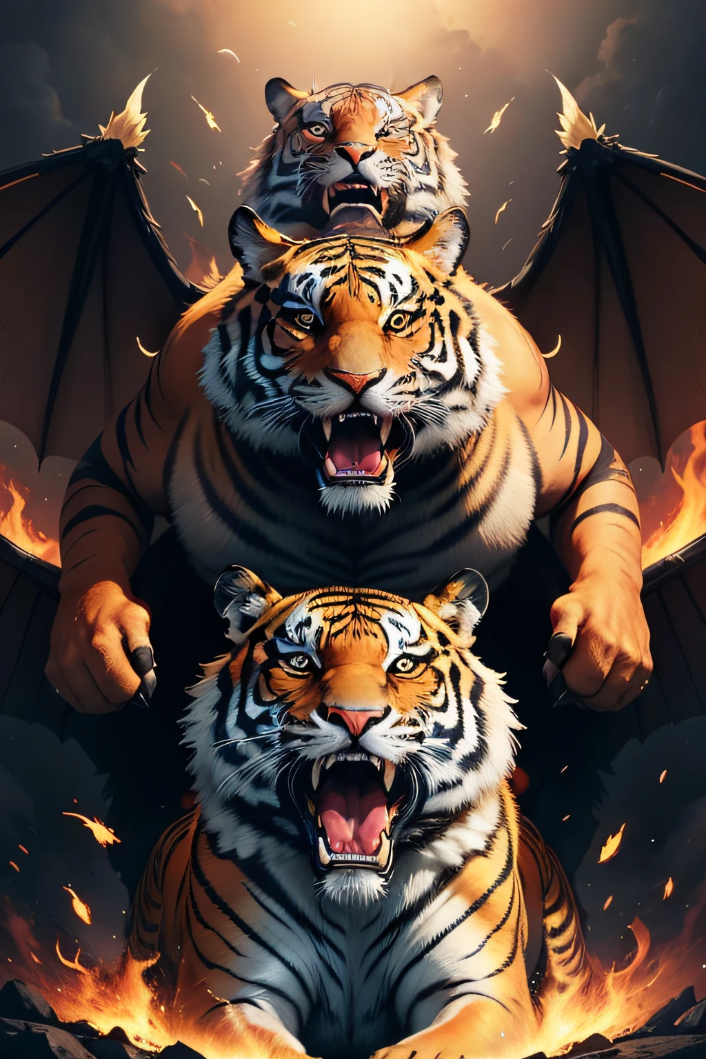 one tiger,A pair of wings grow on the back,There are flames on the wings,Open your mouth wide,Fangs in the mouth