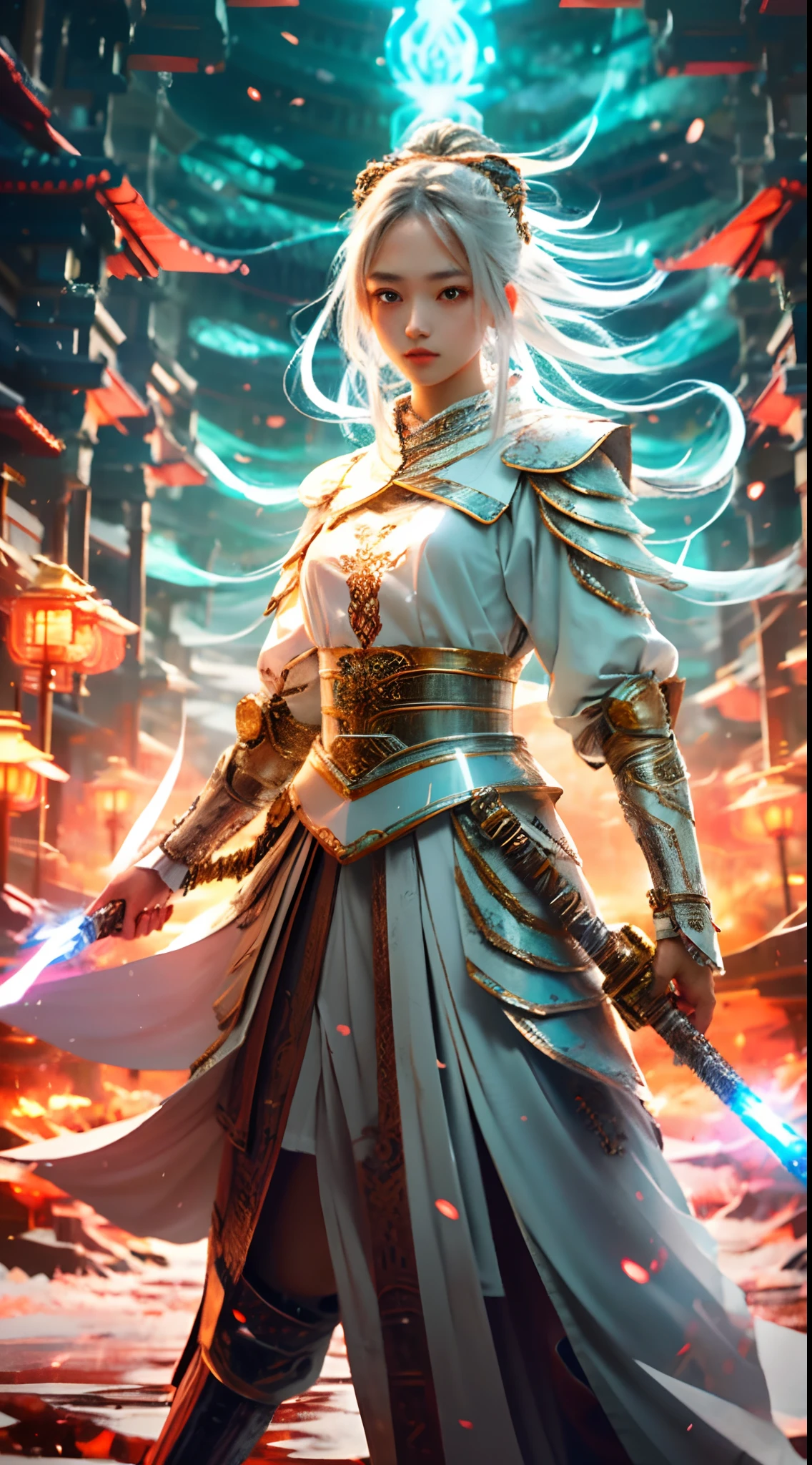 On the battlefield of winter, An oriental beauty，Wearing tattered armor，wielding a weapon in his hand.(( Lightning danced beside her)), Echoing the strength of her determination，Because she embodies the power of the forces of nature in battle.offcial art, 8k wallpaper, Ultra detailed, Beautiful and aesthetic, Beautiful, Masterpiece, Best quality，(Focus on thighs up)，Real human face，Clear face，Eyes detailed，(Wind，Fluttering strands of hair，Flowing skirt)，