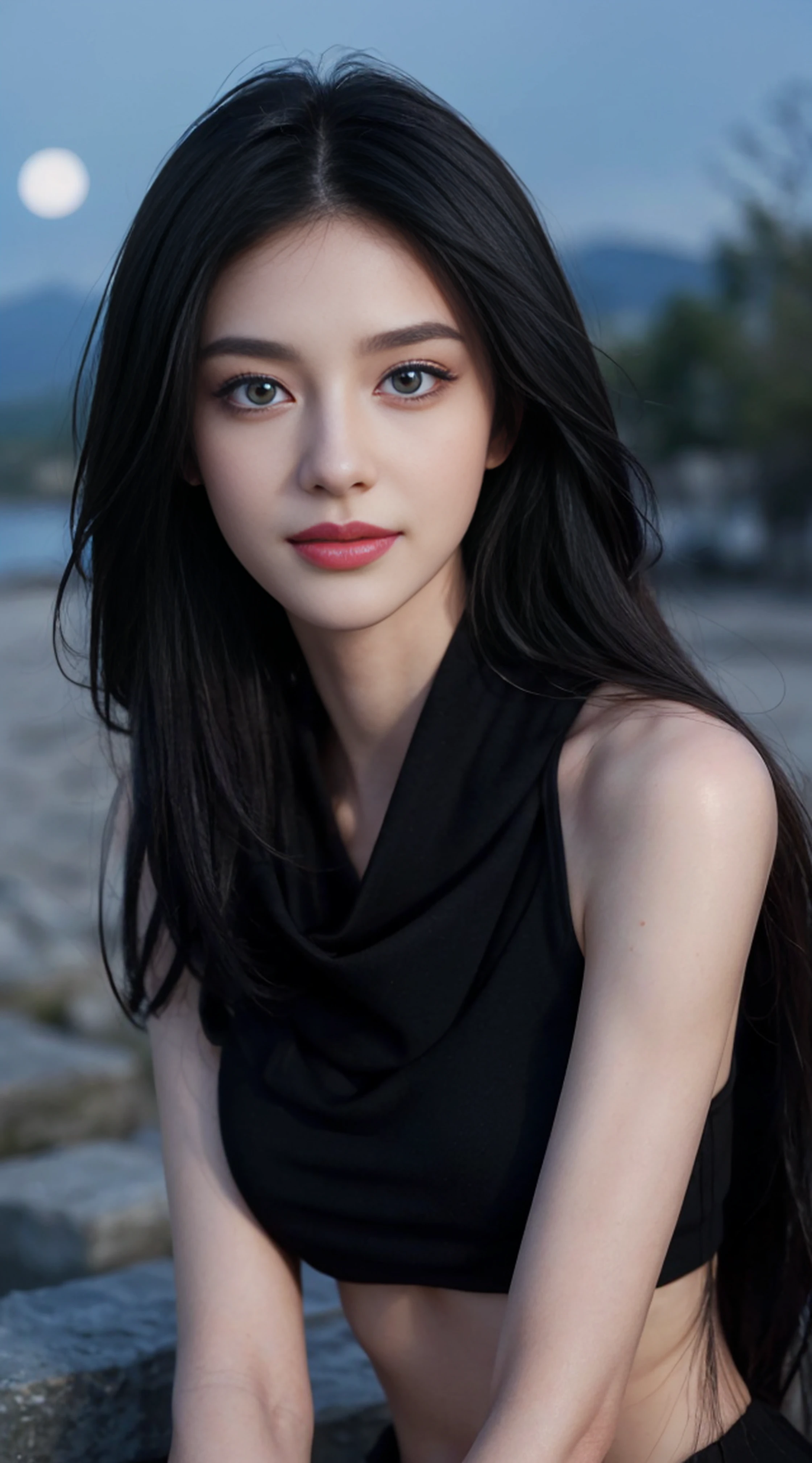 8K, Top Quality, Intricate Details, Ultra Detail, Ultra High Resolution, Masterpiece, random angle, Slender, Smile, (Makeup: 0.4), (Fluffy Blue Eyes: 1.21), blue Eyes, looking at viewer, ((full body)), 1girl, solo, 1 girl, (( full body)), close up shot, , ((tall)), (((fit body))), (((slim face))), sharp face, sharp eyes, (((black hair, long hair, )) (detailed face), sharp face, small lips,
((Shawl)), detailed face, detailed breast, , large breast, detail ass, , Beautiful girl with accentuated slender abs: 1.4, Six Pack Abs: 1.4, Bust Botox, Big, Perfect Body, detail leg, (( moonlight)), top of mountain