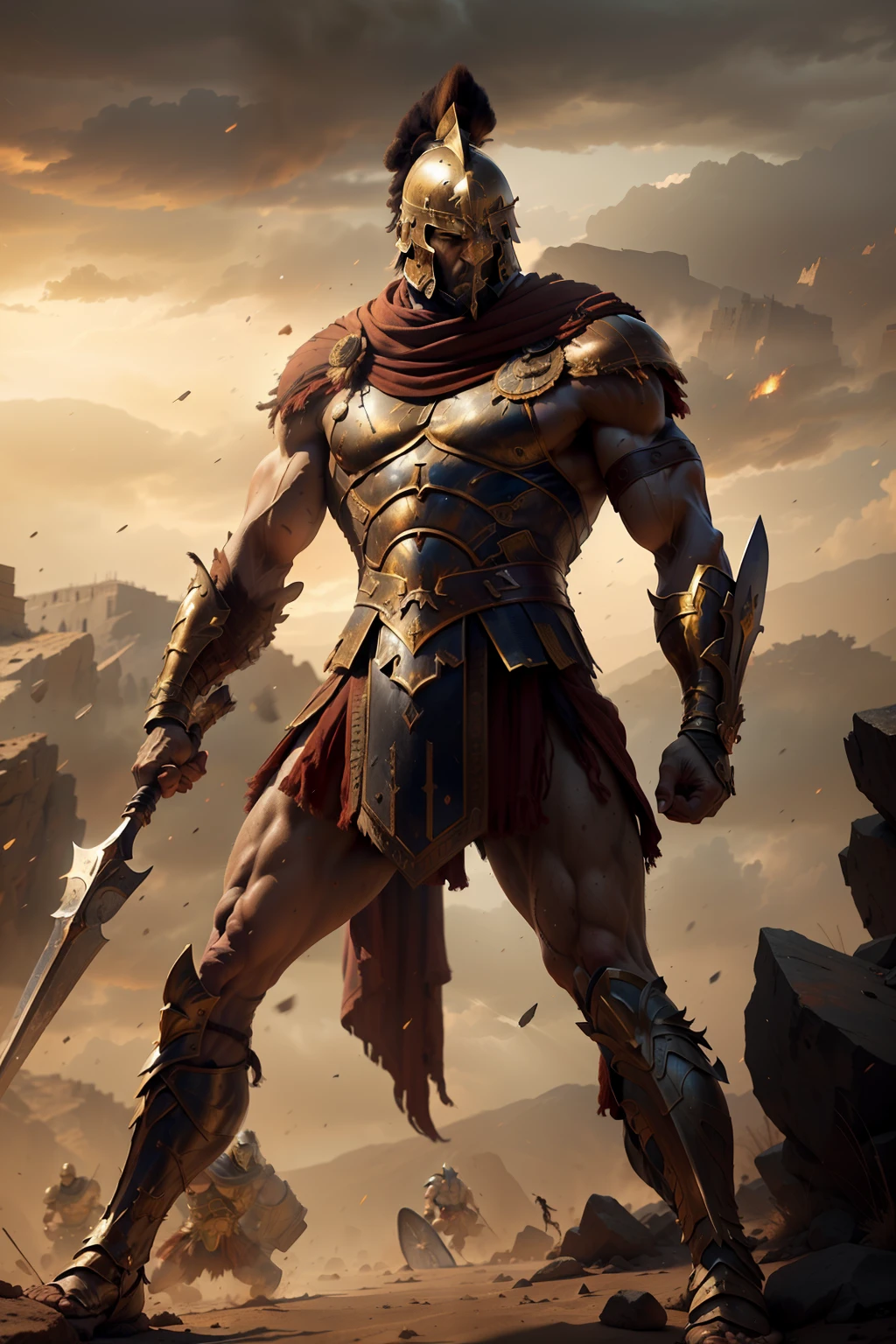 (best quality,4k,8k,highres,masterpiece:1.2),ultra-detailed,(realistic,photorealistic,photo-realistic:1.37),warrior,ancient greek,brave,strong,unyielding,spear,battle-hardened,body armor,shield,helmet,gleaming bronze,well-defined muscles,imposing stance,proud and noble,beads of sweat,gritty battlefield,dusty terrain,dramatic lighting,captivating composition,heroic and epic,action-packed,powerful strikes,shield bash,heroic pose,envisioned in a fantastic mythological setting,vivid colors,tense atmosphere,warrior's determination and grit,stoic expression,explosive energy,visual storytelling,cherished honor code,ferocious spirit,defender of Sparta,formidable opponent,inspiring and awe-inspiring,uncompromising resolve,unmatched bravery