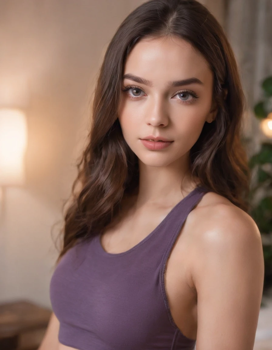 Arafed woman with matching tank top and panties, fille sexy aux yeux bruns, Portrait Sophie Mudd, cheveux bruns et grands yeux, selfie of a young woman, Violet Myers, sans maquillage, maquillage naturel, looking straight at camera, Visage avec Artgram, Maquillage subtil, Superbe photo du corps entier, dans une boite de nuit, clivage