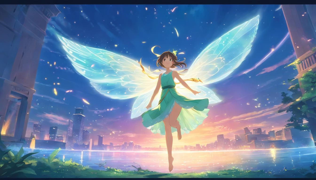 (ancient fairy,heaven,jumping,people watching,illustration,artistic,soft colors,ethereal lighting,best quality,eye-catching,floating dress,graceful pose,fantasy,mythical creatures,magical scene)