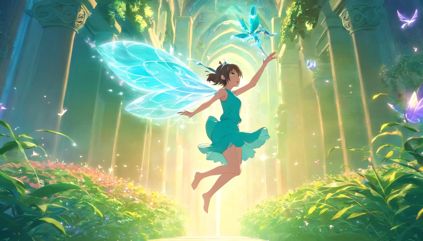 (ancient fairy,heaven,jumping,people watching,illustration,artistic,soft colors,ethereal lighting,best quality,eye-catching,floating dress,graceful pose,fantasy,mythical creatures,magical scene)