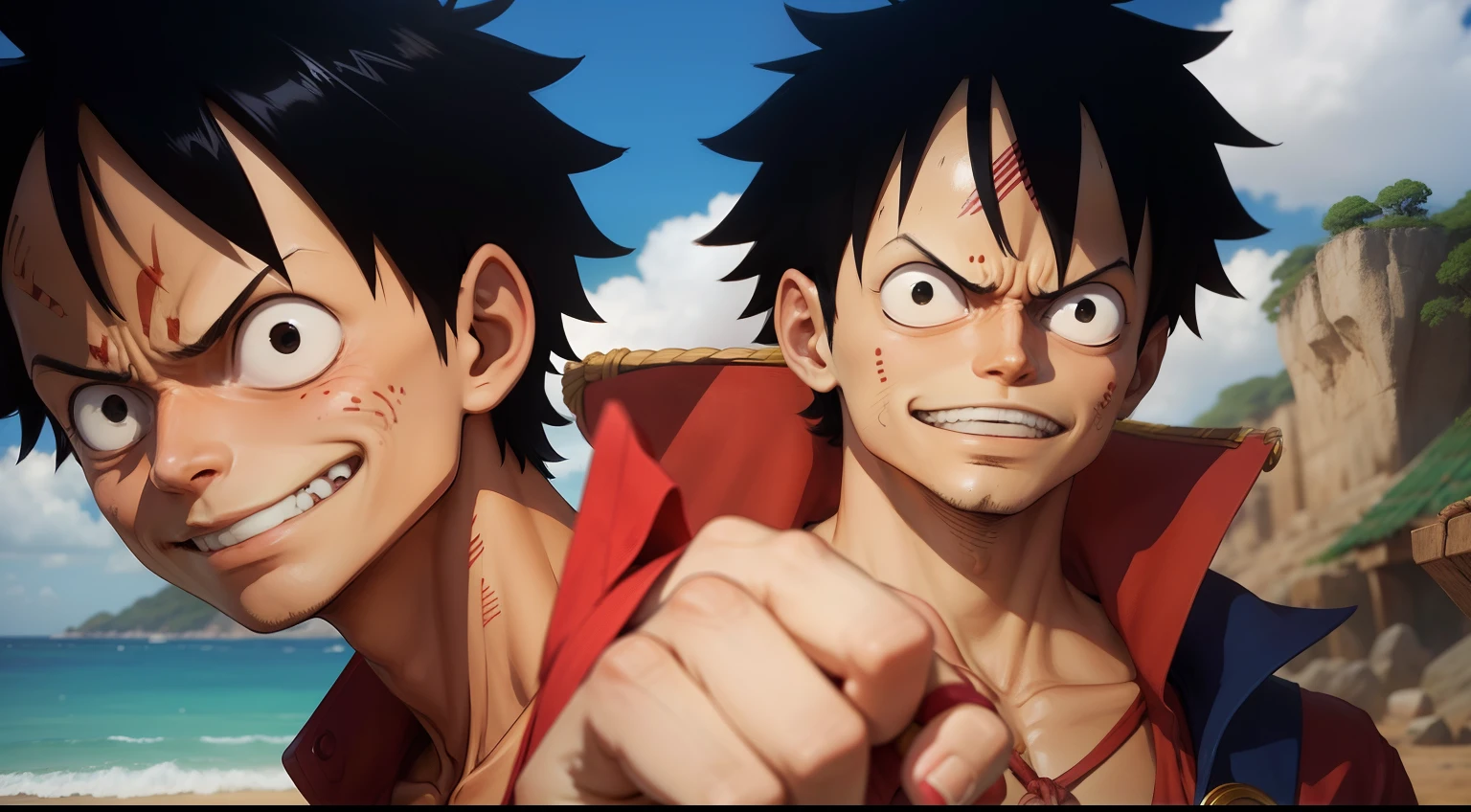 Luffy in a classic hero pose, with raised fists and characteristic smile. Ao redor dele, Major characters in the series, como Shanks, Ace e Law, are depicted in miniatures, representando os desafios e encontros que Luffy teve ao longo da sua jornada. A imagem transmite a jornada de Luffy para se tornar o Rei dos Piratas.