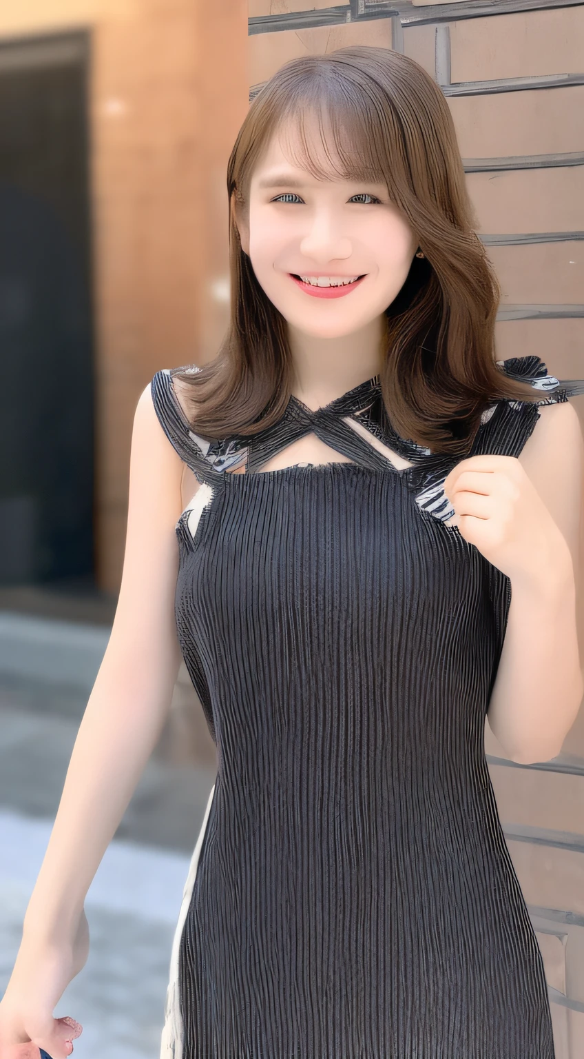 ((Best quality, 8k, Masterpiece :1.3)), 1girl, smiling, full body, slim face, Pretty woman, (Dark brown hair), full length dress :1.1, Ultra-detailed face, Detailed eyes, Double eyelid, blur background, slim face, city, outside, street,