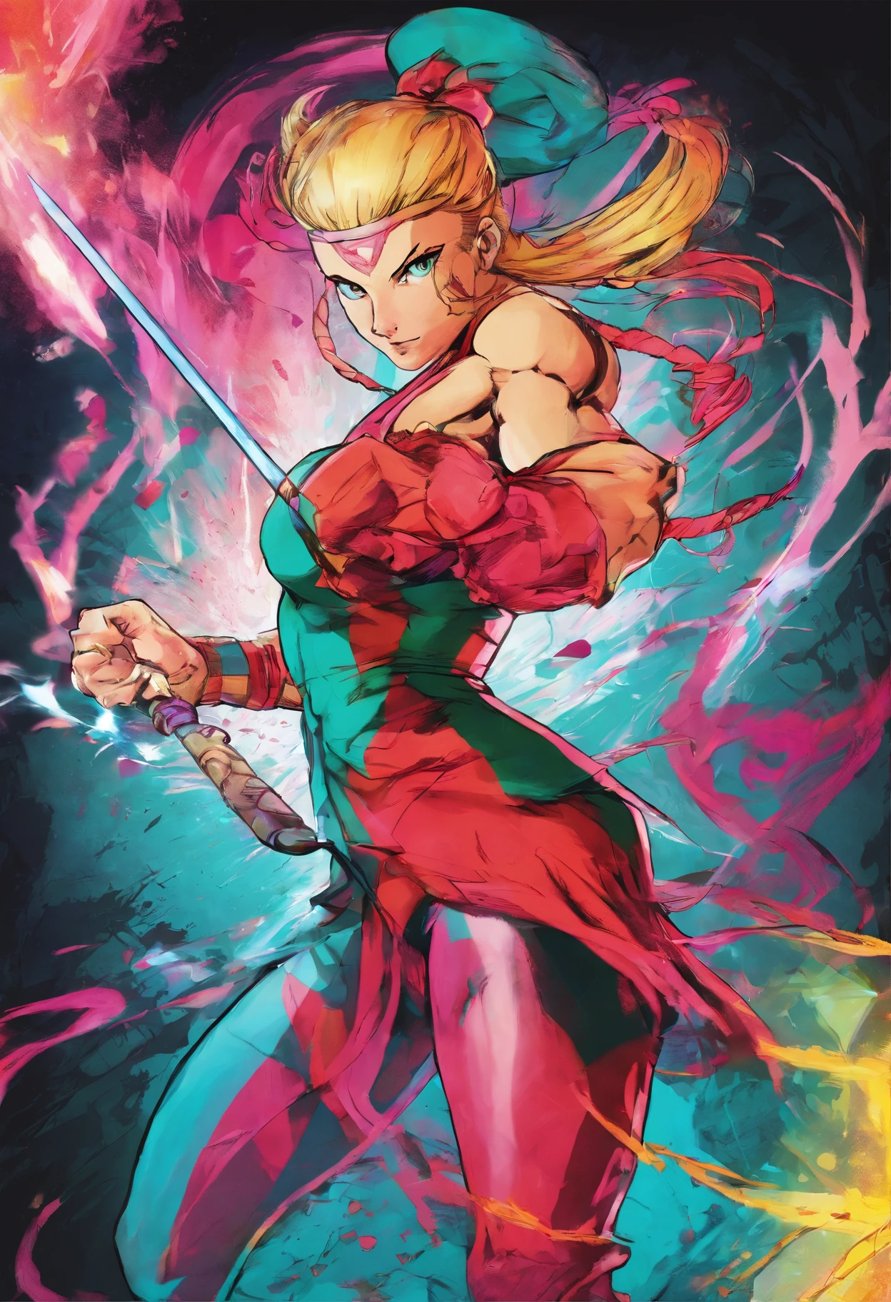 Cammy, portrait shot, holding a shimmering sword into air, stained glass portrait, extremely detailed, absurdes