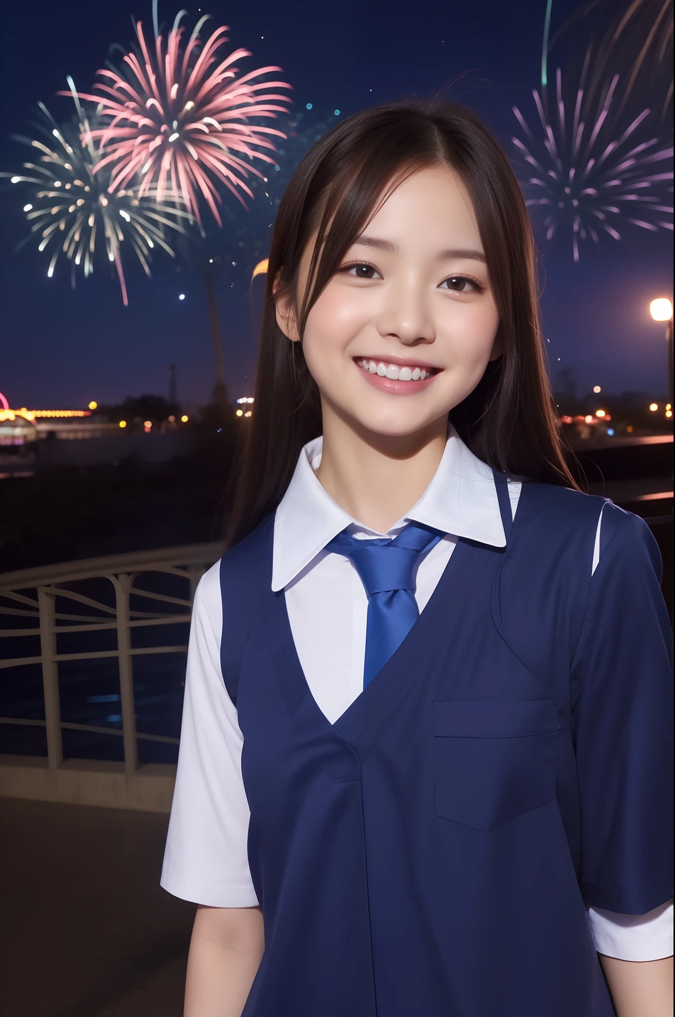A smile、hi-school girl、校服、shortsleeves、An amusement park、While doing fireworks、starrysky、Aurora、Idol