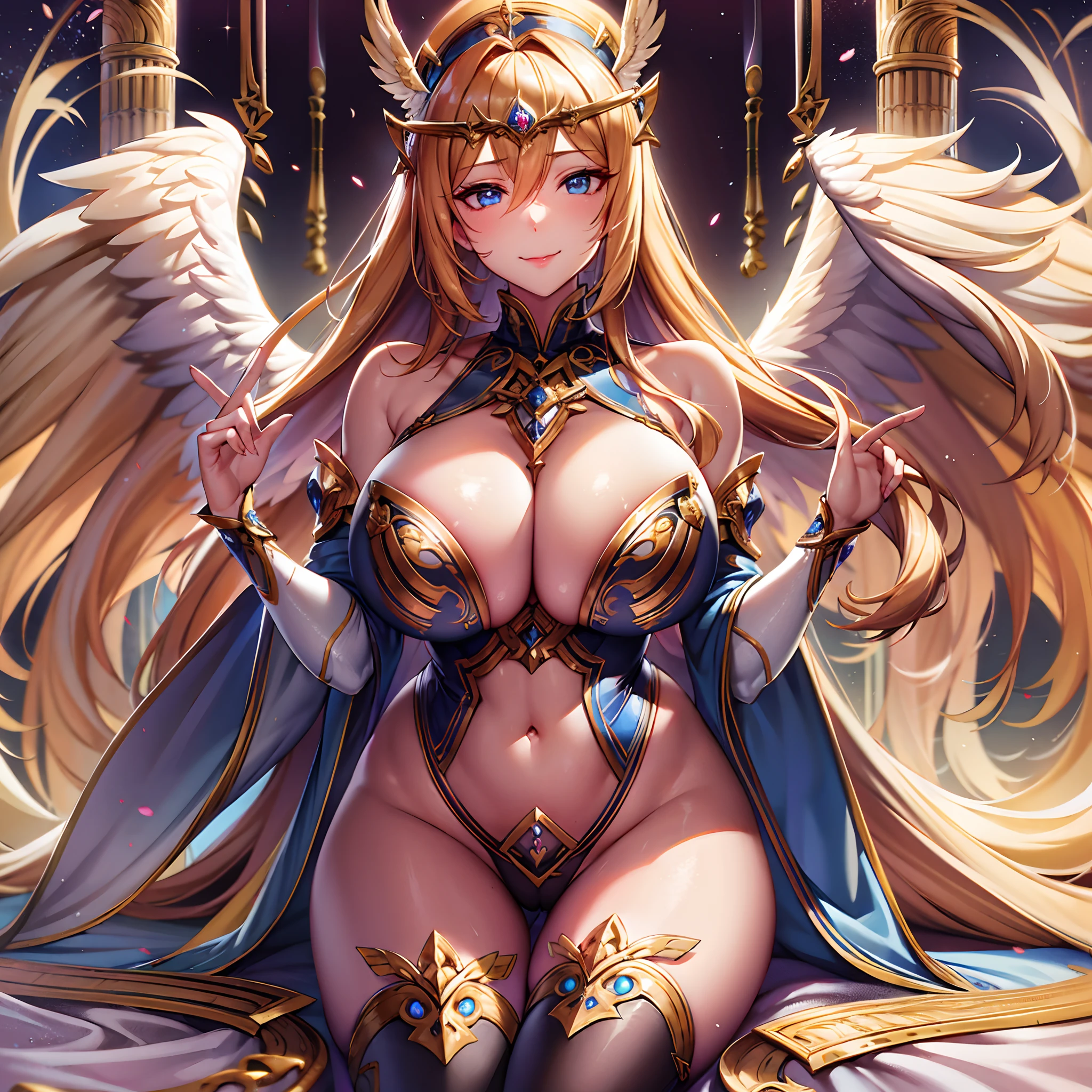 Quality over 8K, a female angel,Sexy,Long Blonde Hair,Anime,Goddess,Symmetrical blue eyes,Ultra detailed eyes,Transparent lingerie,forest,Sword,golden wings,Full body,hyperdetailed lips, hyperdetailed face, Double eyelids, Ultra Detailed feet,で,Beautiful legs,Tight boots,Full Leg Priestess、valkyrie、Angel wings、a navel、sideboob barbosa、Complexes、Particles of light、thighs thighs thighs thighs、shinny skin、Perfect litthing、1girl in、looking at the viewers、Winged headgear、pelvis curtain、a smile、(masterpiece)、(top-quality)、Very gigantic-breasts、maternal、Porcelain skin、honey blonde hair、Very long hair、hair wavy(valkyrie,Paladin:0.6),Angel wings,with an intricate, Perfect Lighting, Looking at Viewer,(masutepiece), (Best Quality)(valkyrie,Paladin:0.6),Angel wings,with an intricate, Perfect Lighting, Looking at Viewer,(masutepiece), (Best Quality)(ValkyrieArmor:0.5),(Winged headgear:1.1),School Girl,,with an intricate, Perfect Lighting, 1girl in, Ponytail, Looking at Viewer, Smile, snulight,cove,blazing(masutepiece), (Best Quality),thighs thighs thighs thighs --auto --s2