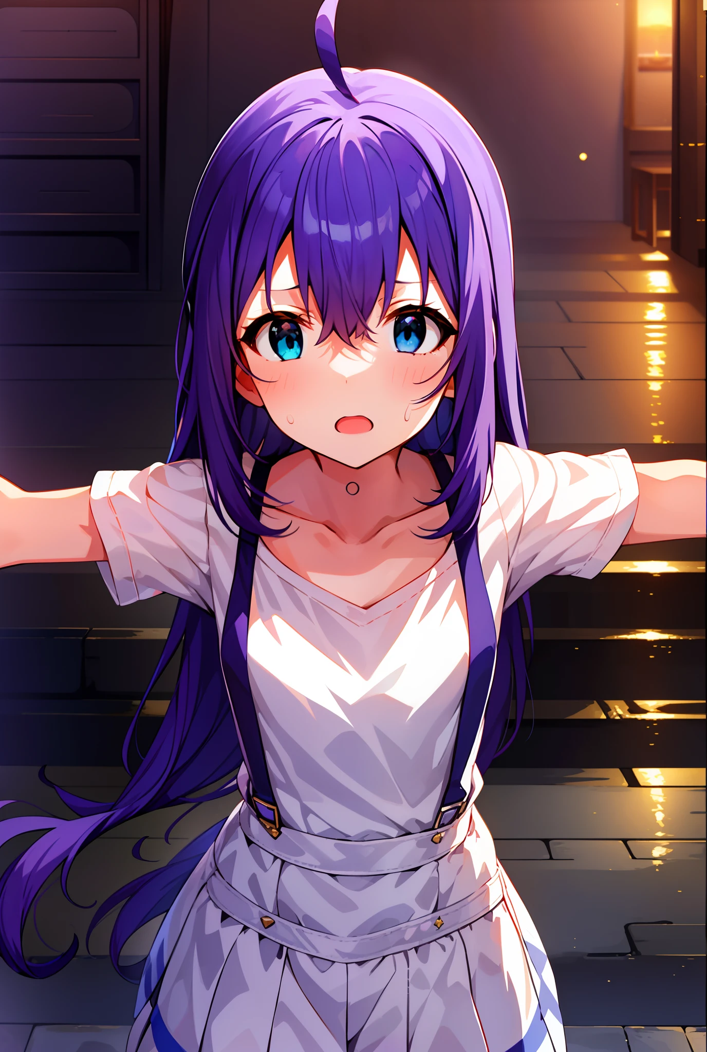 {{{{{mochizuki anna}}}}},1girl,solo,long hair,purple hair,small_ahoge,blue eyes.short stature.white t-shirts.suspenders.skirt.(((masterpiece))).(((best quality))).((ultra-detailed))).(((illustration))).night view.small Breasts.Spread your arms.