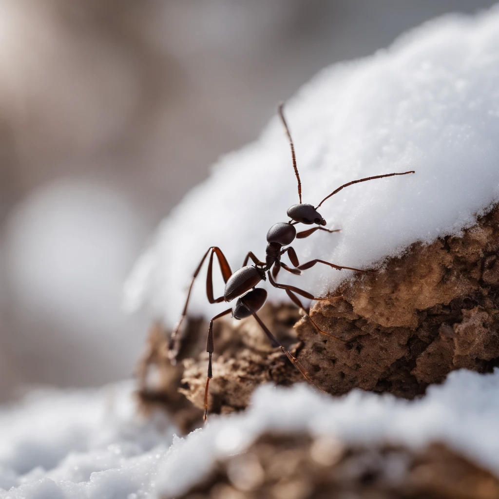 an ant on the snowy land