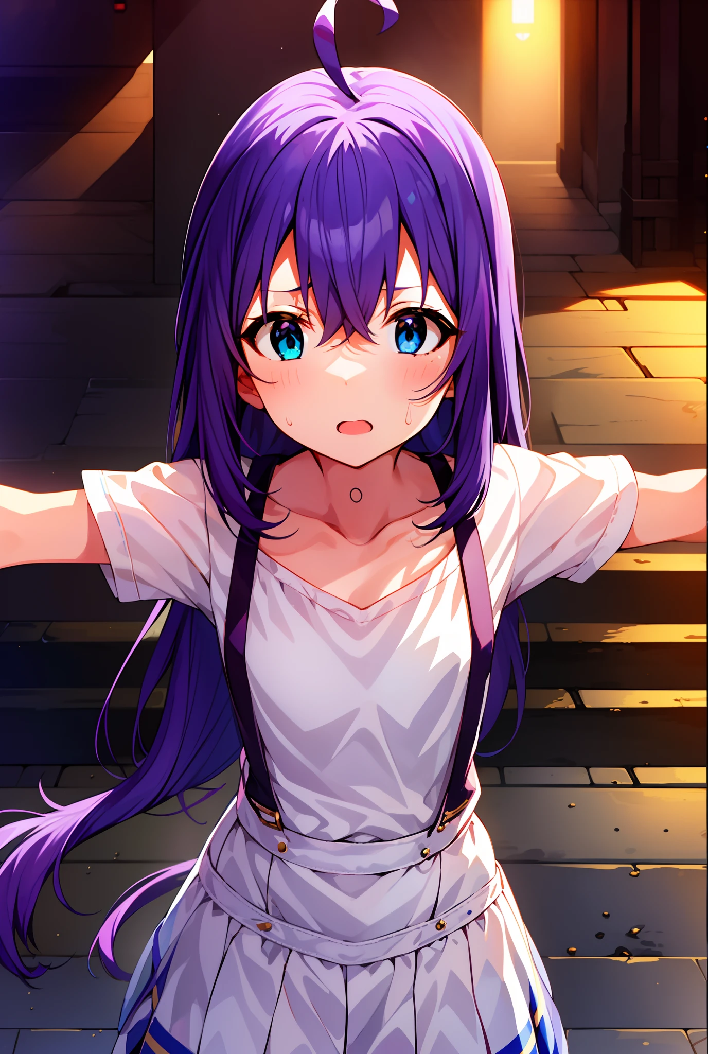 {{{{{mochizuki anna}}}}},1girl,solo,long hair,purple hair,small_ahoge,blue eyes.short stature.white t-shirts.suspenders.skirt.(((masterpiece))).(((best quality))).((ultra-detailed))).(((illustration))).night view.small Breasts.Spread your arms.