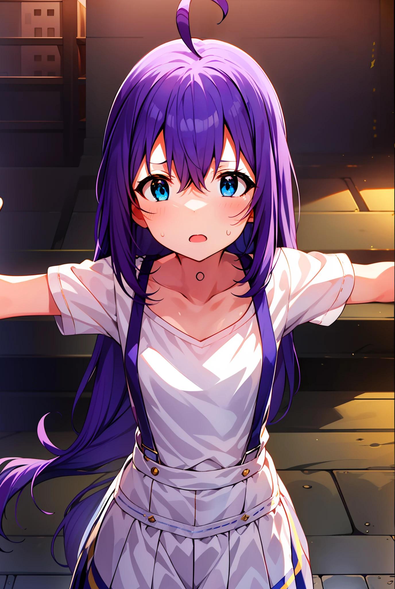 {{{{{mochizuki anna}}}}},1girl,solo,long hair,purple hair,small_ahoge,blue eyes.short stature.white t-shirts.suspenders.skirt.(((masterpiece))).(((best quality))).((ultra-detailed))).(((illustration))).night view.small Breasts.Spread your arms.