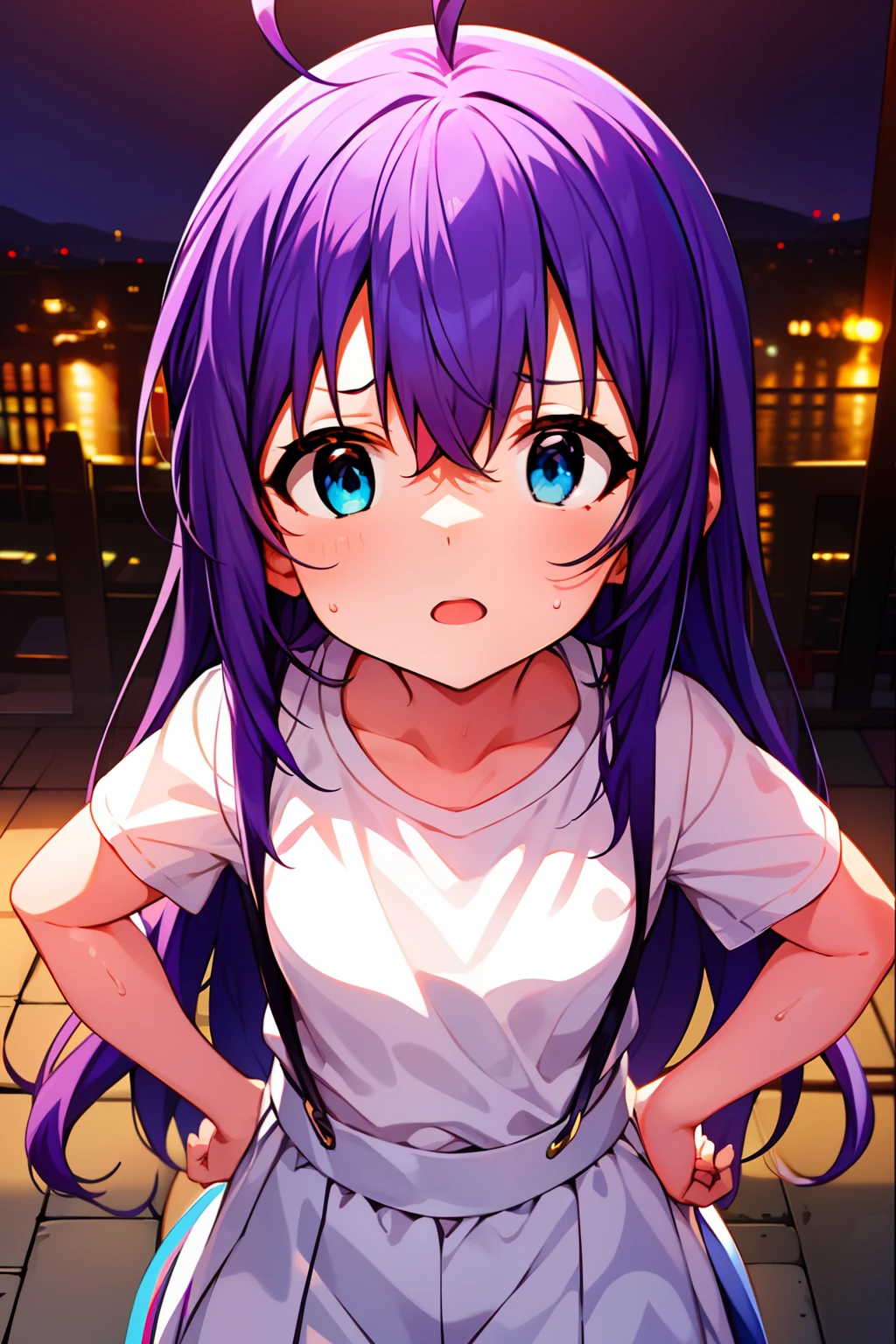 {{{{{mochizuki anna}}}}},1girl,solo,long hair,purple hair,small_ahoge,blue eyes.short stature.white t-shirts.suspenders.skirt.(((masterpiece))).(((best quality))).((ultra-detailed))).(((illustration))).night view.small Breasts.put your hands on your hips.look from above.