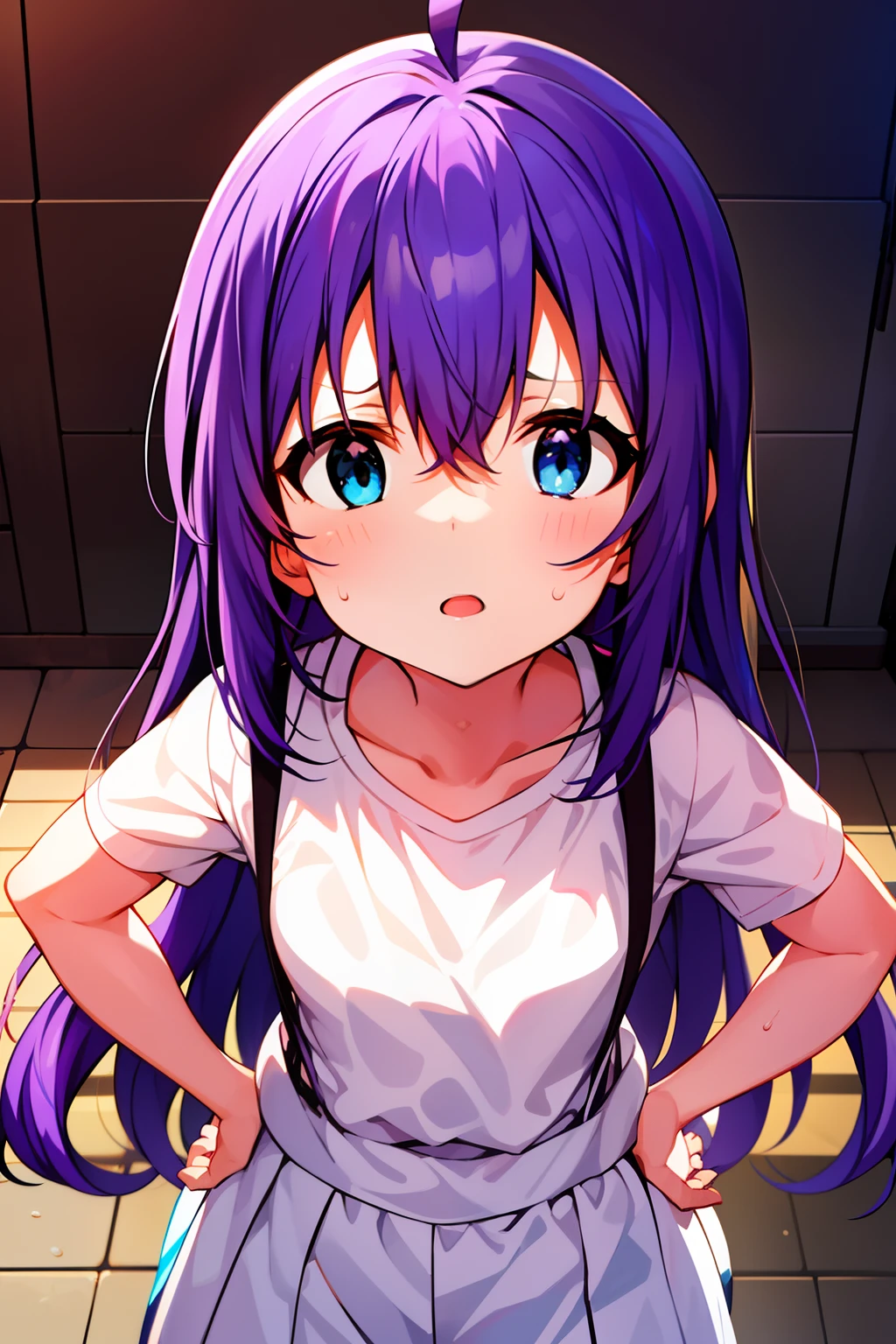 {{{{{mochizuki anna}}}}},1girl,solo,long hair,purple hair,small_ahoge,blue eyes.short stature.white t-shirts.suspenders.skirt.(((masterpiece))).(((best quality))).((ultra-detailed))).(((illustration))).night view.small Breasts.put your hands on your hips.look from above.