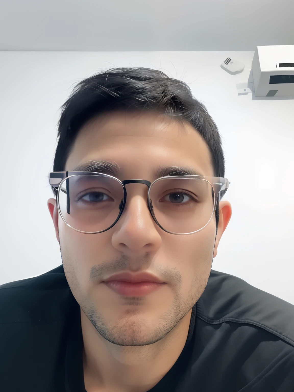 there is a man wearing glasses and a black shirt, very clear face, clear symmetrical face, 2 , transparent glasses, 38 years old, 3 2 years old old, 2 9 yearslfie photographrate face, 3 6 years old, transparent face, 4 0 years oldctly clear face