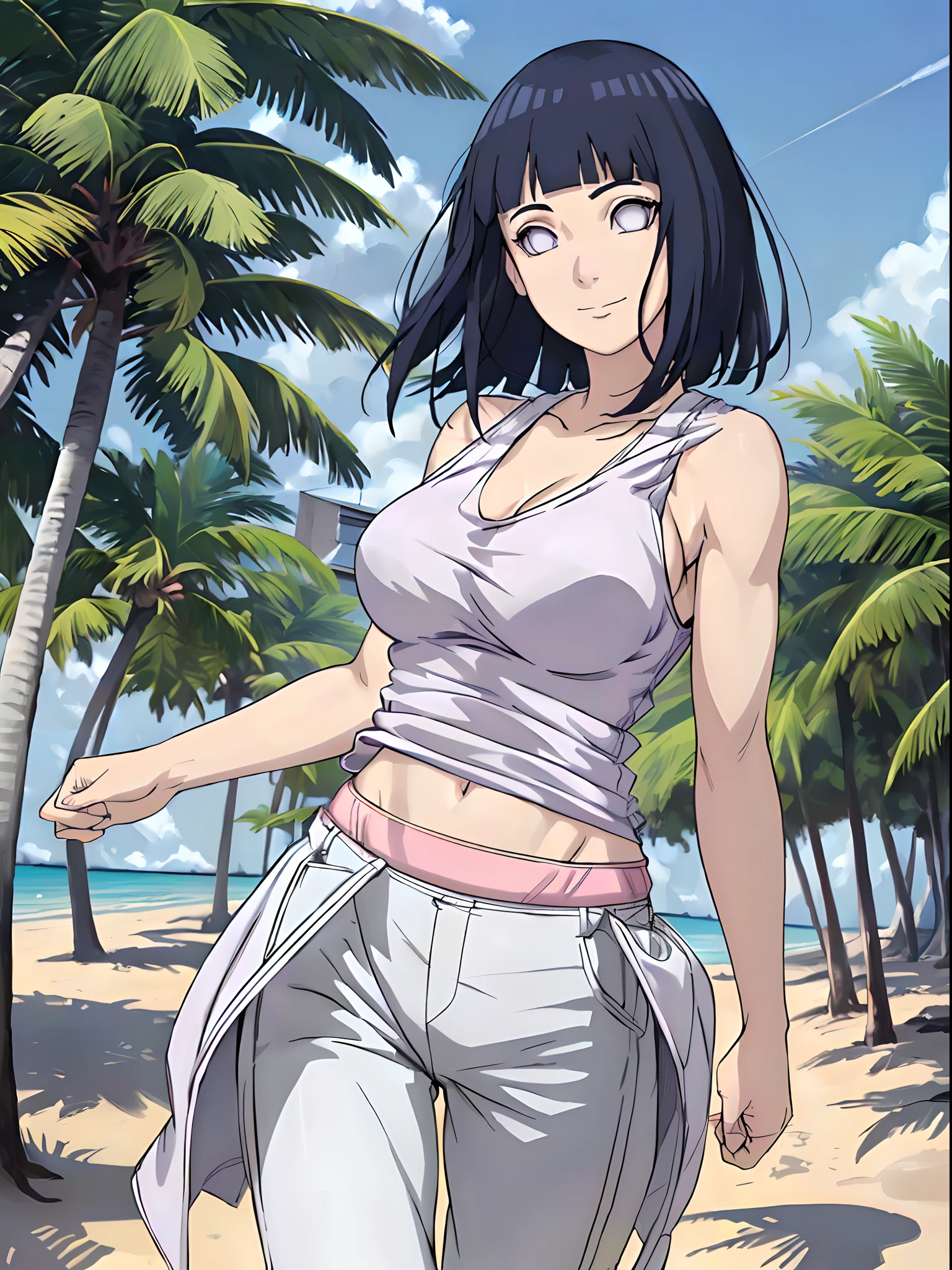 (WALLPAPER, (hinata\(boruto\), (white pants), masterpiece, 4k, vector coloring, whole body shot, (high color saturation), contrast lighting, mature female, (curvy:0.8), solo, anime style, sharp focus, professional artwork, intricate details, colorful, vibrant colors, vivid colors, digital blending, ultra detailed body, ultra detail hair, ultra detail face, trending on pixiv, very hot colors, (((beach background, outdoors))), detailed bold arm lines, high color saturation, bold lines, bold drawing lines),
(((running)), (head tilt), closed mouth, kind smile, extremely happy),
((dark blue hair color:1.1), wavy hair, ((short hair, hime cut)),
(perfect eyes, white sciera, bright eyes, white eyes, anime eyes, smoky eyeliner, eyeshadow)
(white skin, (fair skin), slender body, milf, perfect face),
(legs, big breasts, off-shoulders, (detailed shoulders, biceps lines)),
(bare shoulders, bare legs, (closed fists),
(((white tank top))))