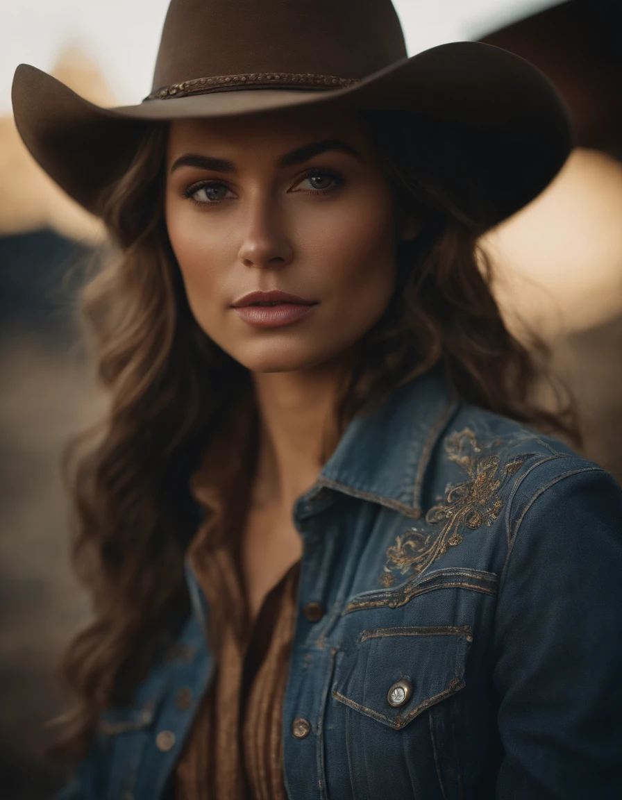 Cinematic portrait, ((Upper body)), Facing the audience, (reality :1.3), most beautiful artwork photo in the world, A woman looks at the camera, Vintage denim outfits, Western cowboy, Detailed beautiful face, action  shot, (Intricate :1.4), Western background, photograph realistic, In the daytime, CG, art stand