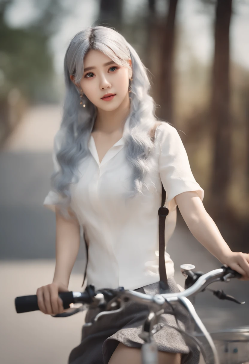 (8k, RAW photo, best quality, masterpiece:1.2), ulra high res, (photorealistic:1.4), 1girl, (kpop idol), (aegyo sal:1), ((puffy eyes)), looking at viewer,(realistic, photo-realistic:1.37), 1girl, professional lighting, photon mapping, radiosity, physically-based rendering, Kei_Shirogane,long_hair,blue_eyes, (hairband), (White hair:1), (school uniform:1), expressionless, \(cosplay\), medium breast, perky tits, 21charturnerv2, girl on a bicycle on road in the mountains