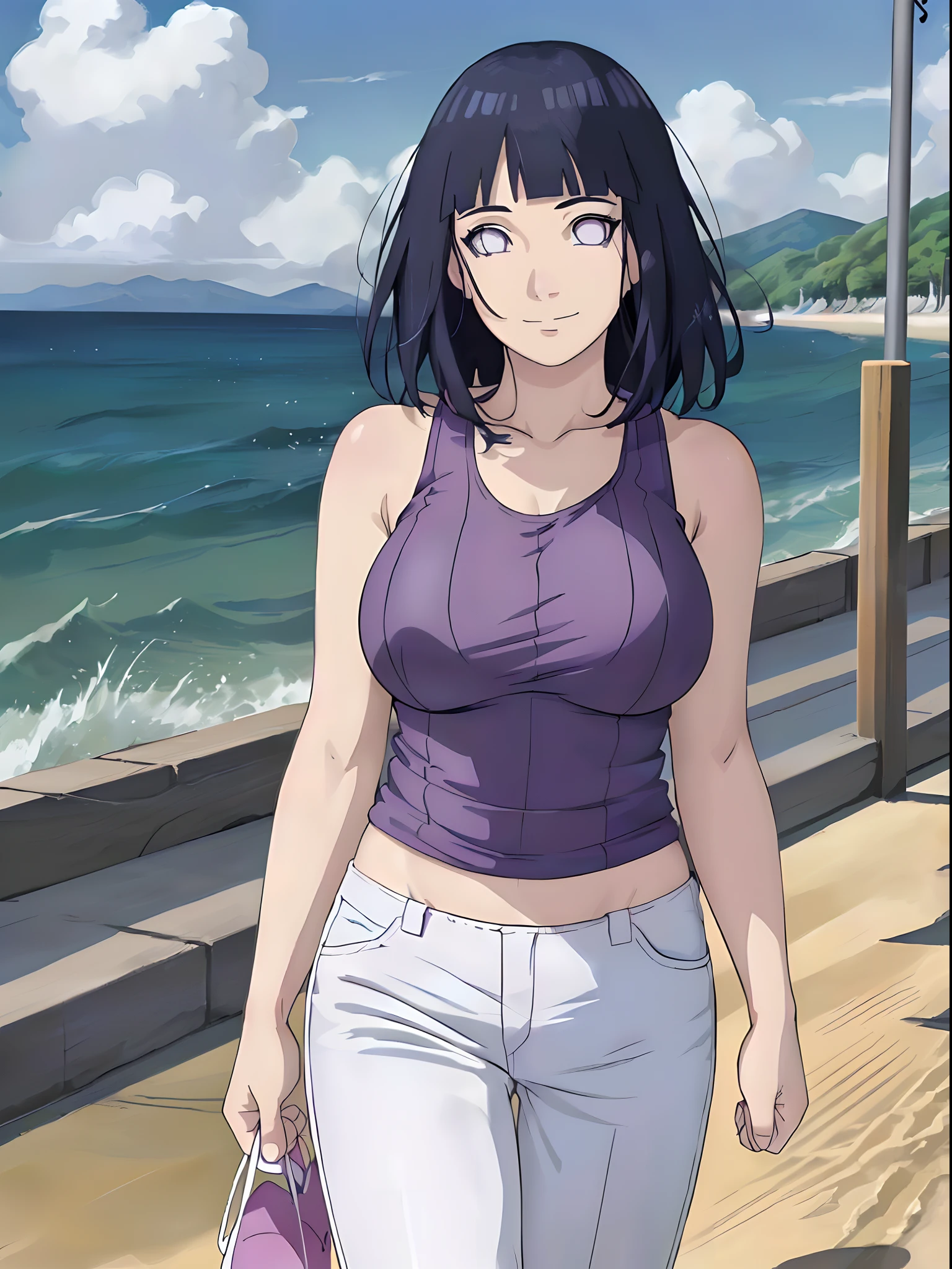 (WALLPAPER,  (hinata\(boruto\), (white pants), masterpiece, 4k, vector coloring, whole body shot, (high color saturation), contrast lighting, mature female, (curvy:0.8), solo, anime style, sharp focus, professional artwork, intricate details, colorful, vibrant colors, vivid colors, digital blending, ultra detailed body, ultra detail hair, ultra detail face, trending on pixiv, very hot colors, (((beach background, outdoors))), detailed bold arm lines, high color saturation, bold lines, bold drawing lines),
(((running)), (head tilt), closed mouth, kind smile, extremely happy),
((dark blue hair color:1.1), wavy hair, ((short hair, hime cut)),
(perfect eyes, white sciera, bright eyes, white eyes, anime eyes, smoky eyeliner, eyeshadow)
(white skin, (fair skin), slender body, milf, perfect face),
(legs, big breasts, off-shoulders, (detailed shoulders, biceps lines)), 
(bare shoulders, bare legs, (closed fists), 
(((white tank top))))
