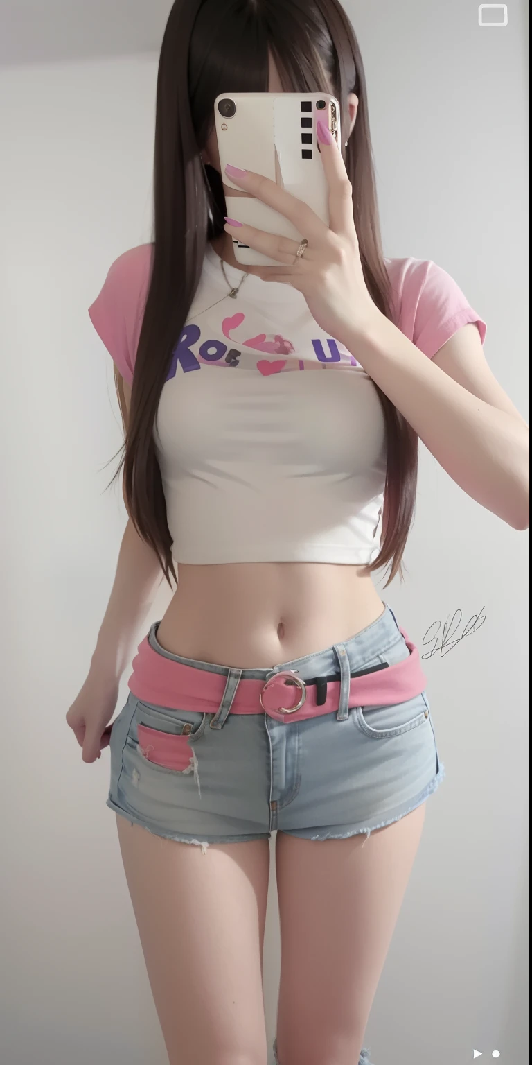 a close up of a person taking a picture of a person with a cell phone, belly button showing, Her navel was exposed, kawaii shirt and jeans, wearing a crop top, Anime girl in real life, wearing sexy cropped top, photo of slim girl, photo of slim girl model, beautiful midriff, tinyest midriff ever