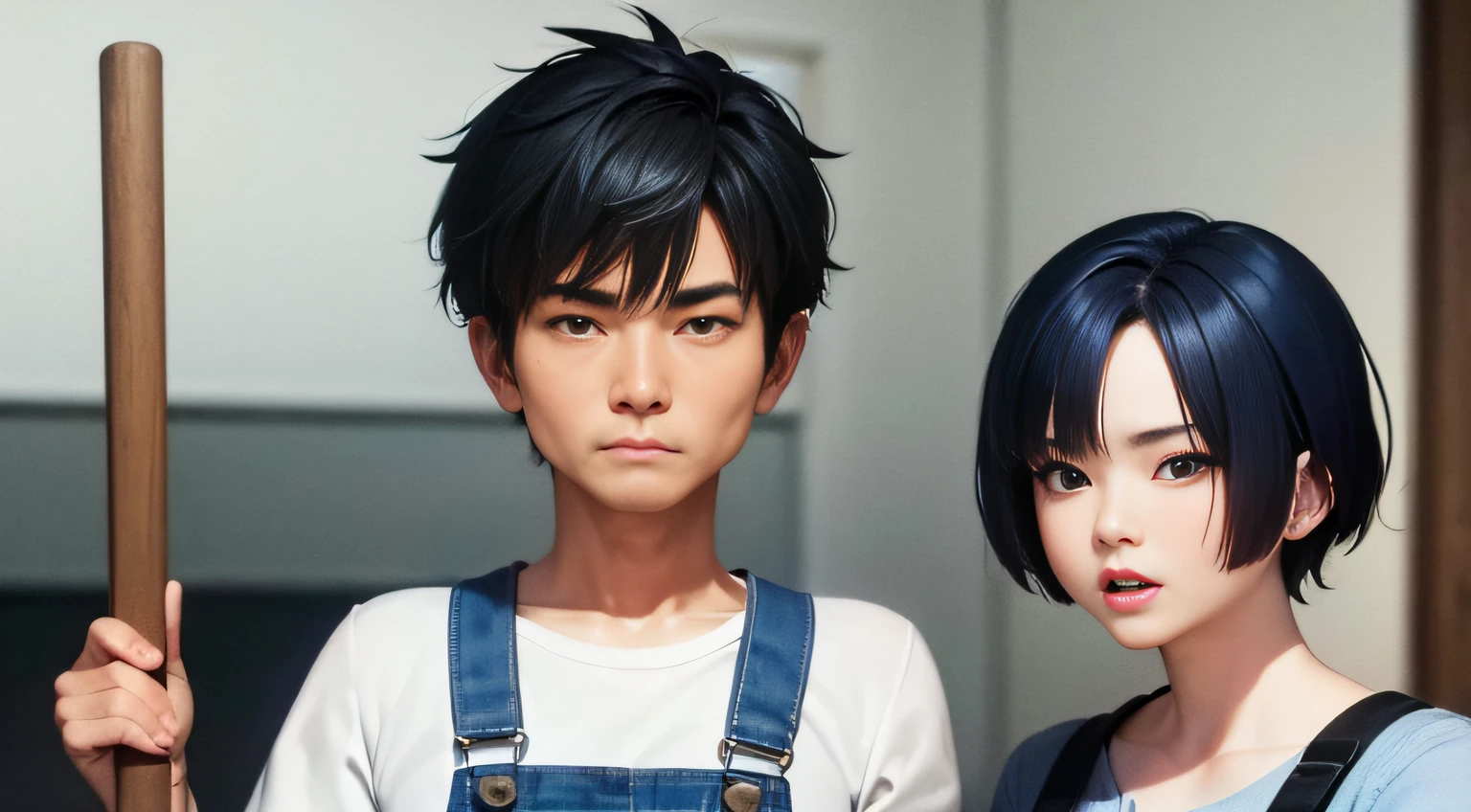 A middle-aged Chinese man in his forties, wearing blue overalls and short black hair, stood at the door.
Talking with his mouth open, he held a hoe on his shoulder