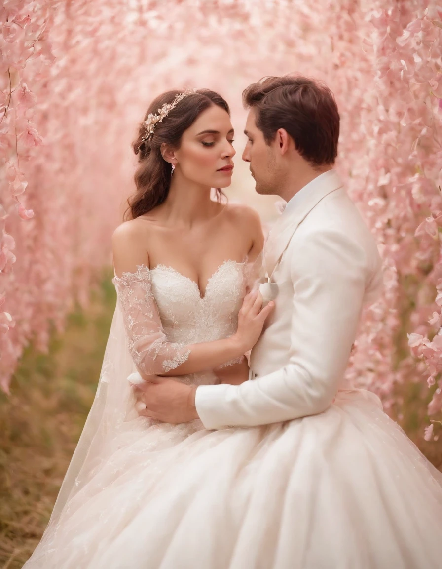 a woman is sitting with a man in her wedding dress, in the style of light red and pink, nature-inspired motifs, close up, gossamer fabrics, Iberê Camargo, pretty, made of butterflies ,medium shot