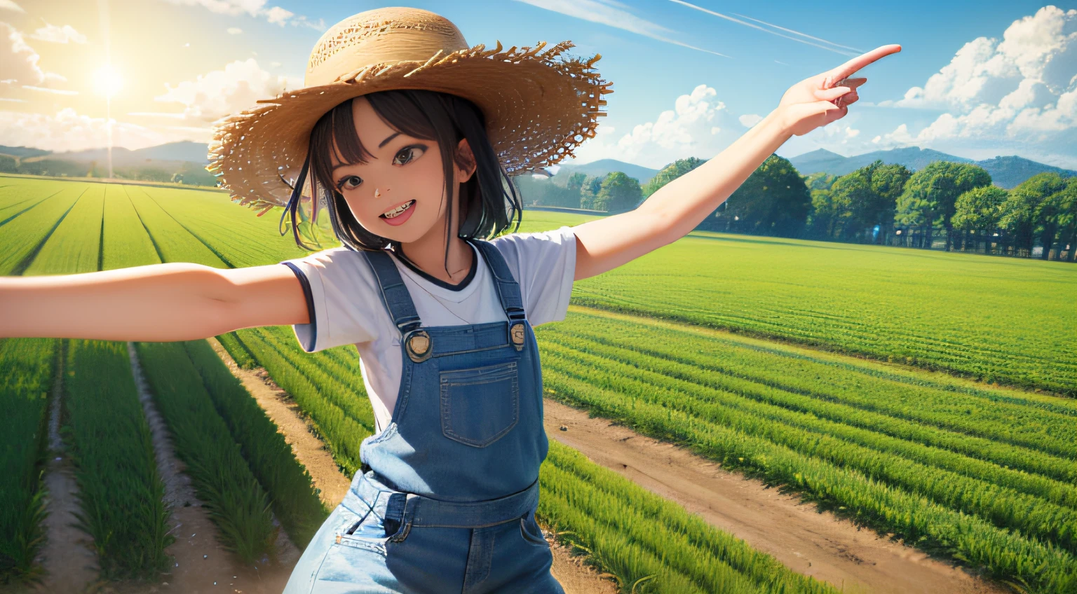 (a)n honest Chinese farmer,(cartoon style,playful,colorful),(best quality,highres),a detailed face with expressive eyes and a big smile,exaggerated facial features,bright and vibrant colors,a large sun in the background casting warm light,green fields stretching endlessly with rows of crops,traditional Chinese straw hat,dirty overalls,textures and brushstrokes that resemble hand-drawn illustrations,crisp outlines and defined shapes,joyful and lively atmosphere