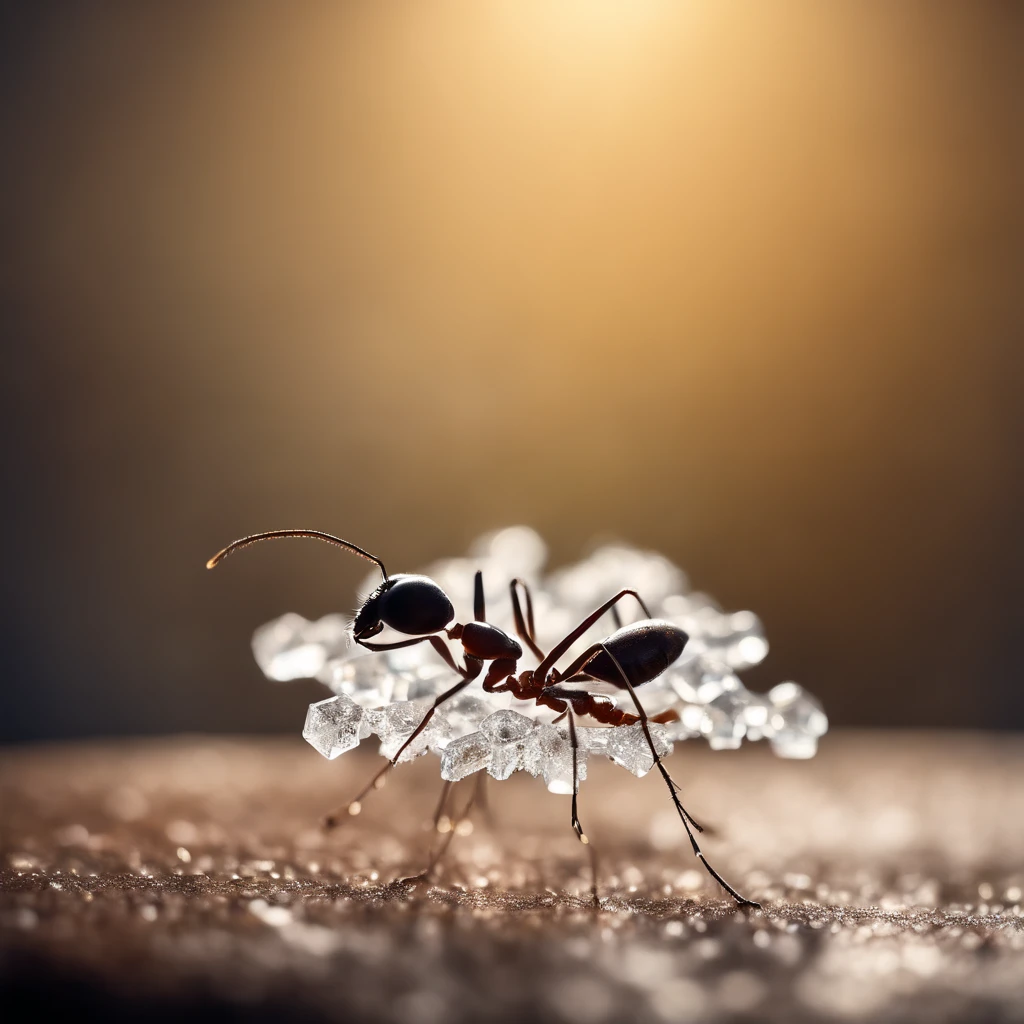 an ant standing on a piece of crystal snowflake is dropping from the air