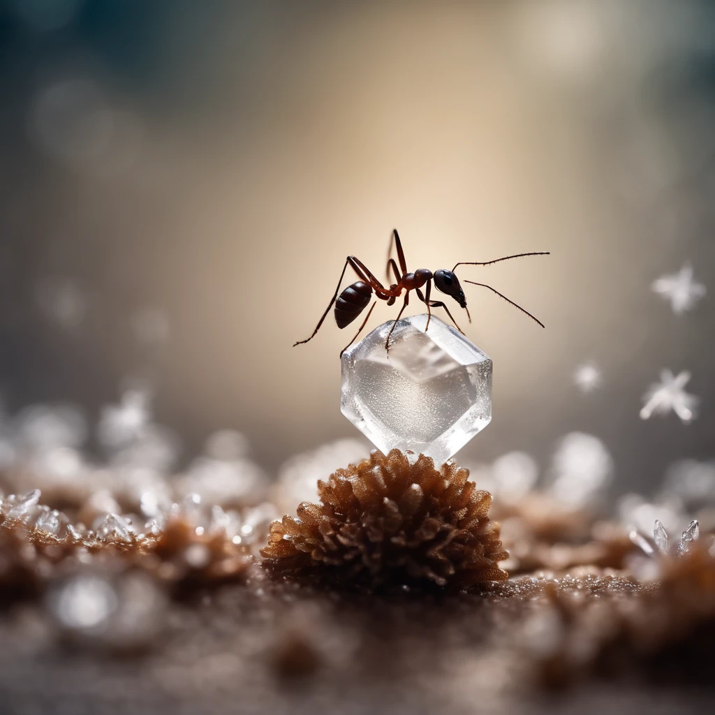 an ant  standing on a piece of crystal snowflake is dropping from the air