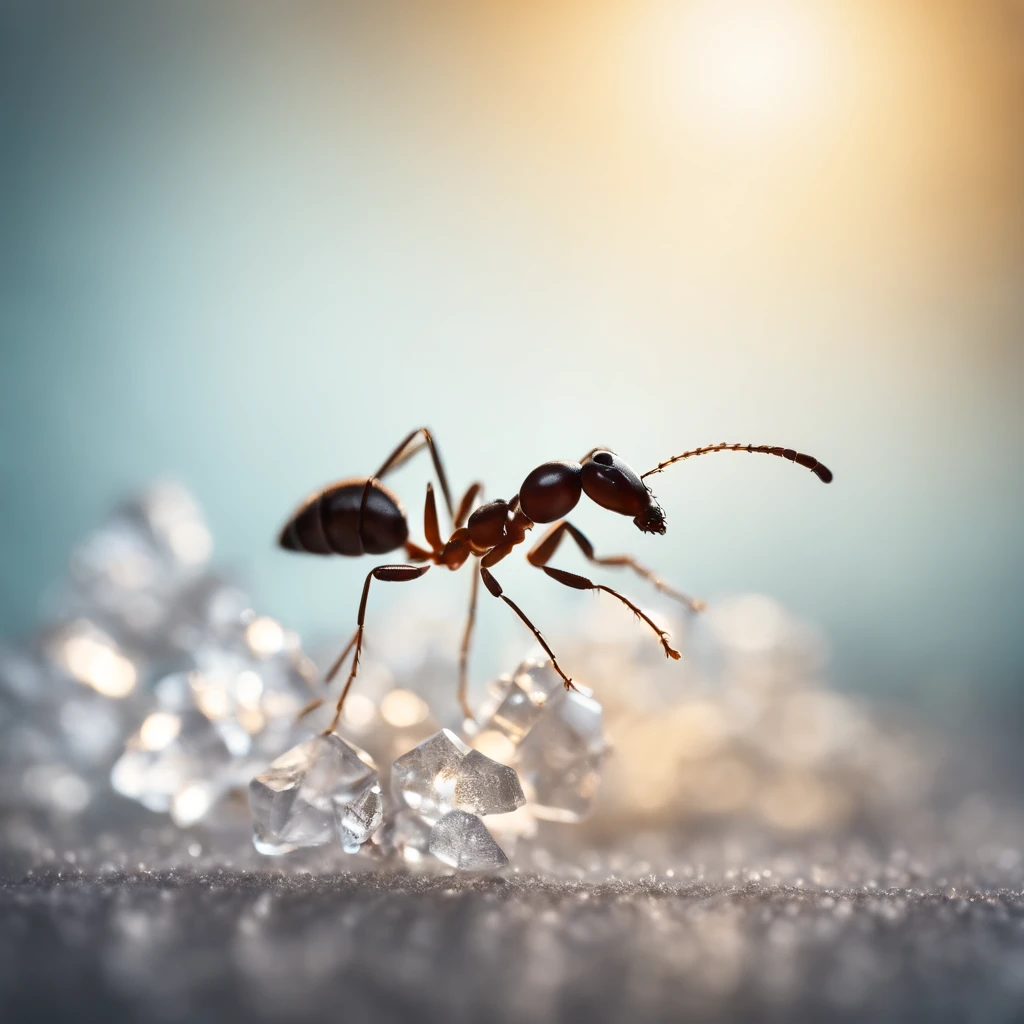 an ant  standing on a piece of crystal snowflake is dropping from the air