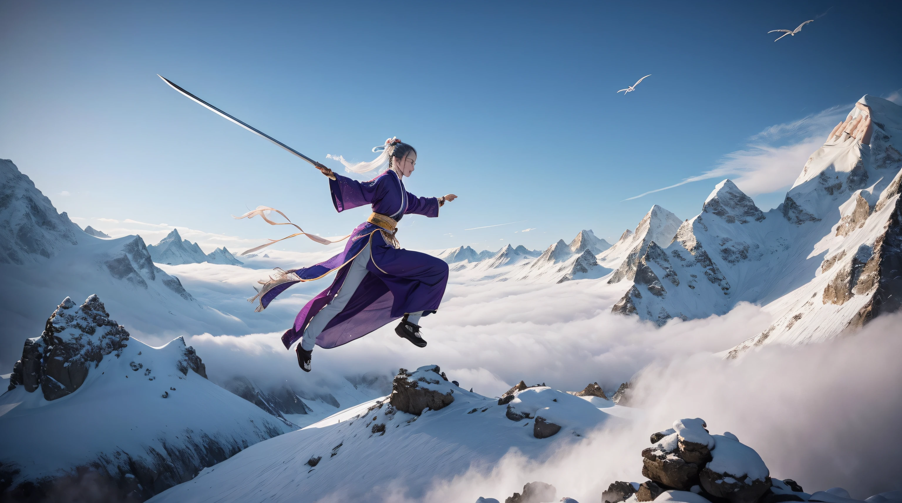 One female Taoist monk on the snowy mountains, Flying martial arts performance posture, using big sword with two hands, long white hair, the character body is illuminated by a purple rim light, wuxia novels style, wuxia novels silk costumes, beautiful decoration on costumes, One female Taoist monk is flying, Everest Mountain, Snowflakes are flying in the wind, (best quality, ultra quality, 32k, 16k, highest, masterpiece:1.2), ultra-detailed, (realistic, photorealistic, photo-realistic:1.37, incredible resolution), HDR, UHD, studio lighting, ultra-fine painting, sharp focus, physically-based rendering, extreme detail description, professional, vivid colors, bokeh, Foggy fog on the top of the mountain, Flying martial arts performance posture, using big sword with two hands, long white hair, beautiful face to detail, Gorgeous face to detail, double eyelids, landscape, ancient One female Taoist monk rituals, snow-covered peaks, mystical atmosphere, serene and majestic, ethereal clouds, tranquil meditation, traditional wuxia novels robes fluttering, ancient wisdom, spiritual journey, enlightened beings, harmonious harmony of nature and people, subtle color palette, soft golden sunlight, shadows dancing on the mountains, picturesque vista