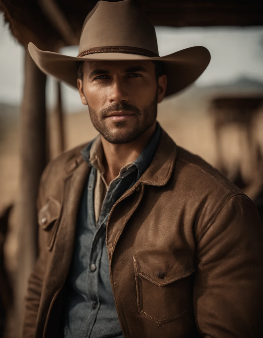 Cinematic portrait, ((Upper body)), Facing the audience, (reality :1.3), most beautiful artwork photo in the world, A man looks at the camera, Vintage denim outfits, Western cowboy, Detailed beautiful face, action  shot, (Intricate :1.4), Western background, photograph realistic, In the daytime, CG, art stand
