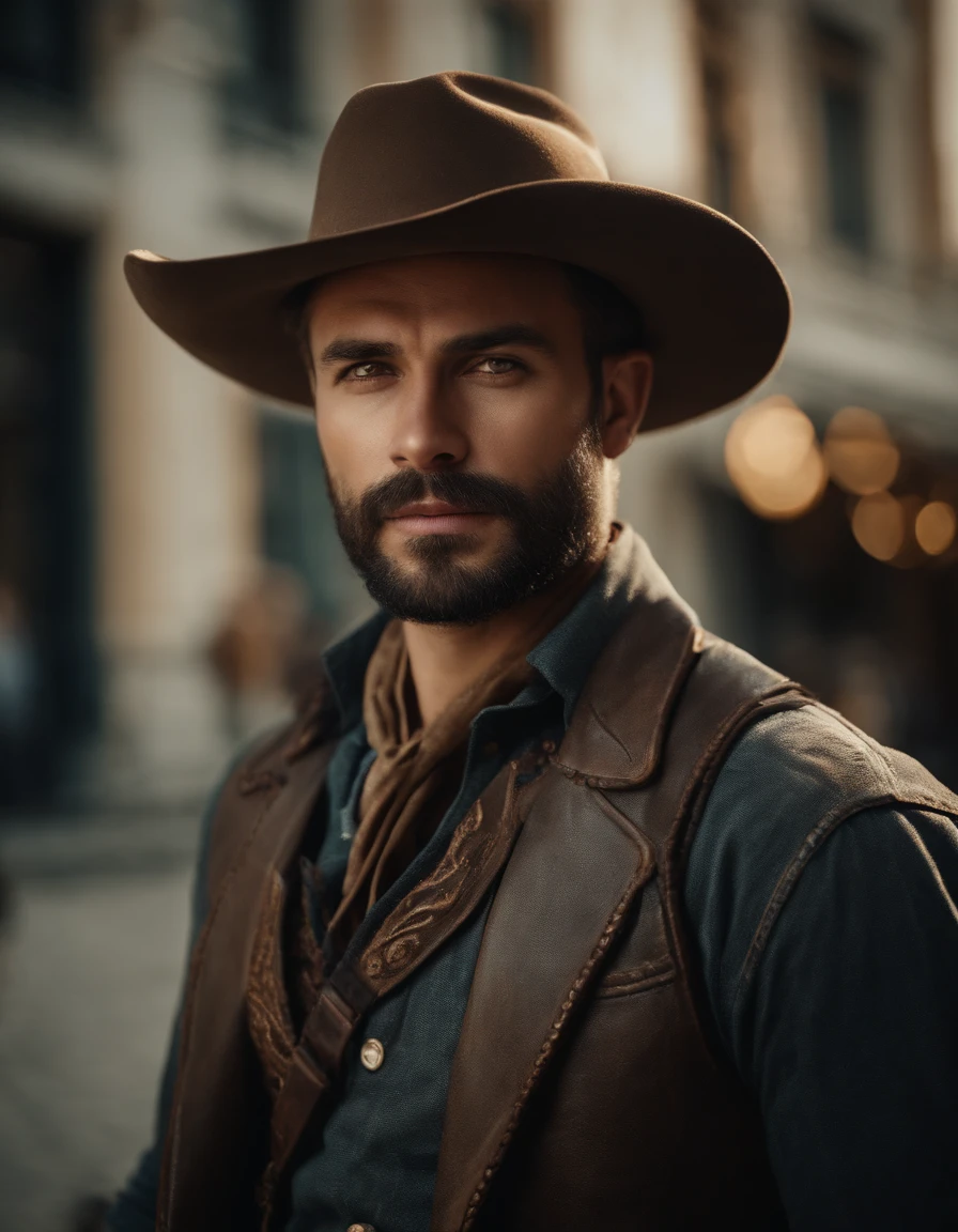 Cinematic portrait, ((Upper body)), Facing the audience, (reality :1.3), most beautiful artwork photo in the world, A man looks at the camera, Vintage denim outfits, Western cowboy, Detailed beautiful face, action shot, (Intricate :1.4), Western background, photograph realistic, In the daytime, CG, art stand