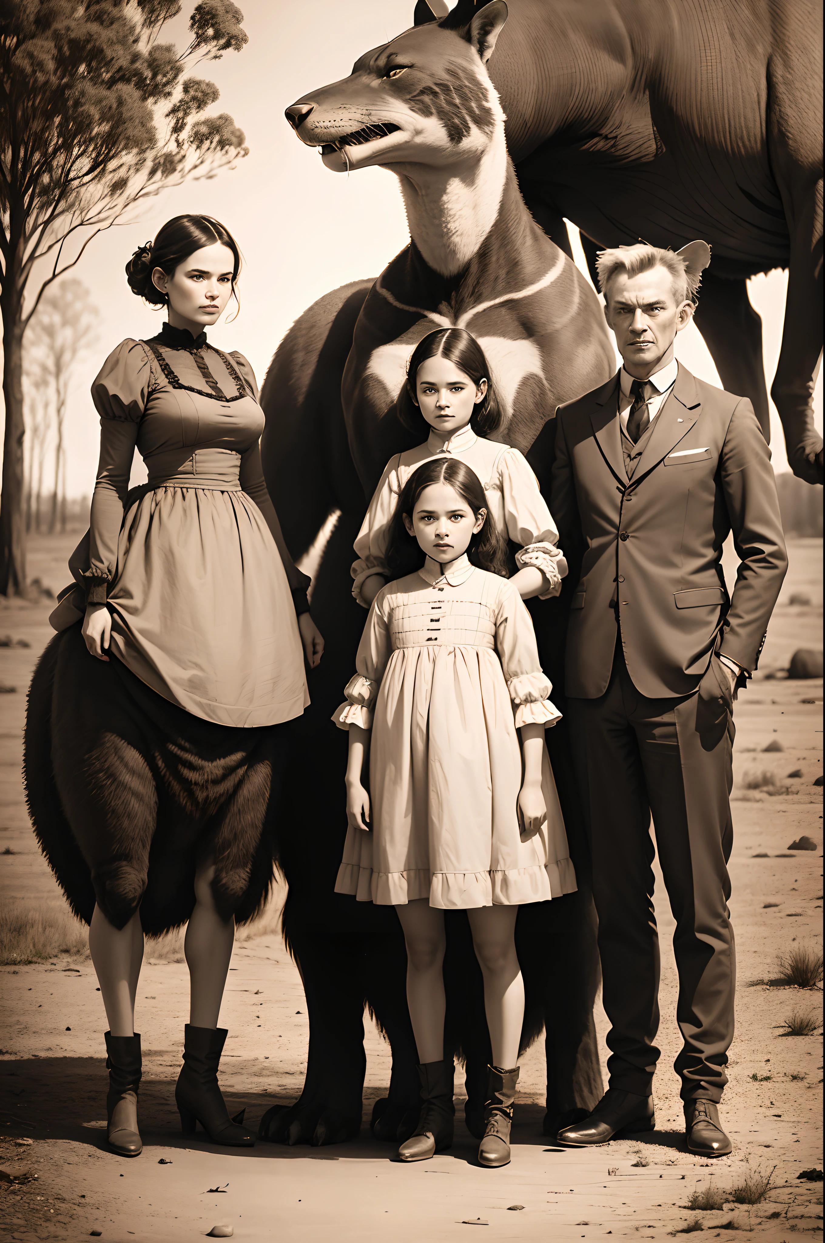 Old fashioned family photo (husband, wife and 2 kids) with a giant Thylacine (Tasmanian tiger) in the background towering over the subjects- standing on all four legs, in the Australian outback, sepia toned images, old Daguerreotypes